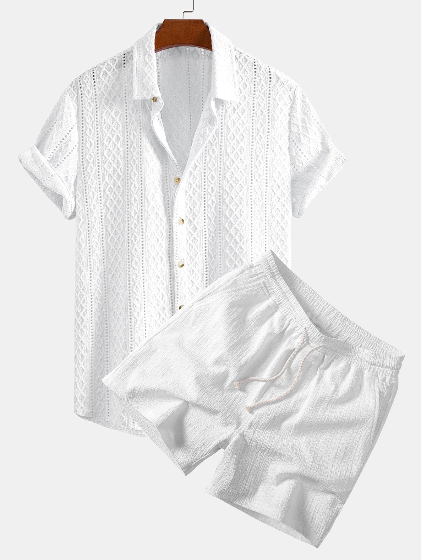 Jacquard Rhombus Button-Up Shirt & Crinkle Textured 5" Drawstring Shorts