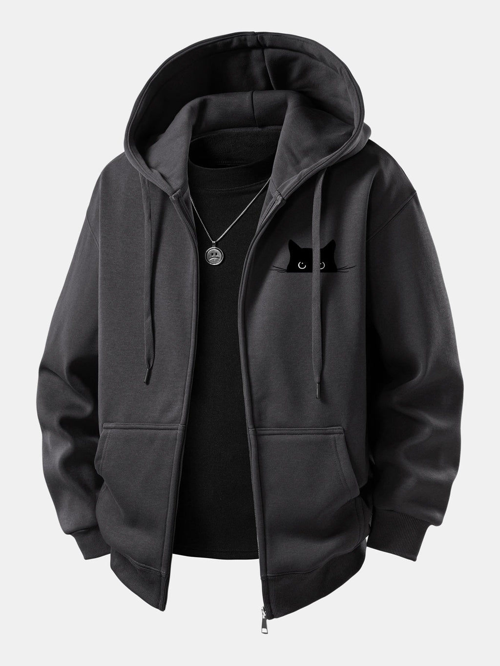 Zip-Up Hoodie with Black Cat Print