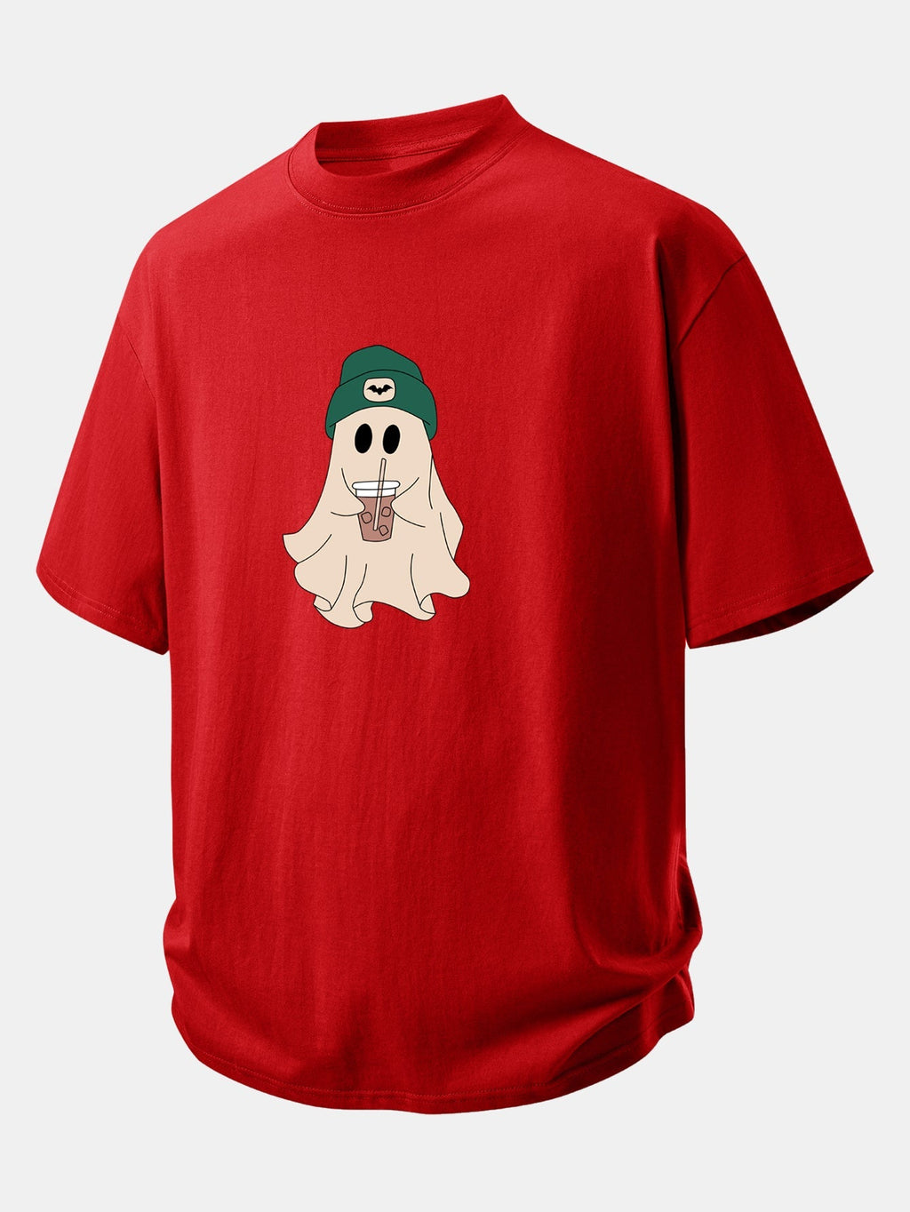 Relaxed Fit Dark Green Ghost Print Cotton T-Shirt