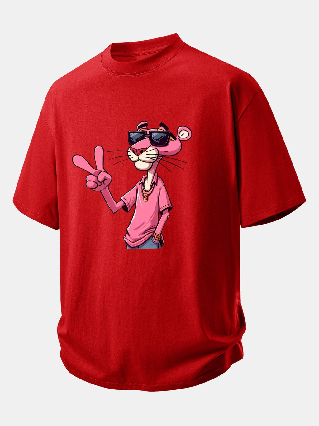 Relaxed Fit Cotton T-Shirt Featuring Pink Panther and V Sign Print