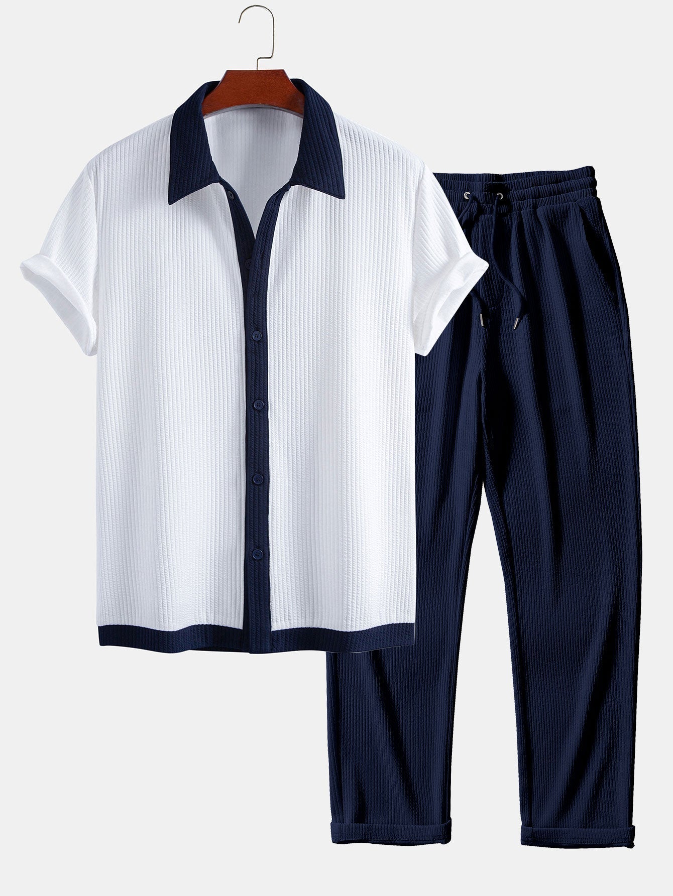 Ribbed Button-Up Shirt with Contrast Details & Straight-Leg Ribbed Trousers