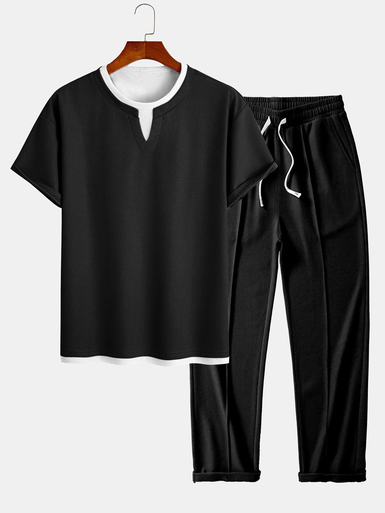 Comfortable 2-in-1 Notched Collar Waffle T-Shirt & Pleated Waffle Straight Leg Pants