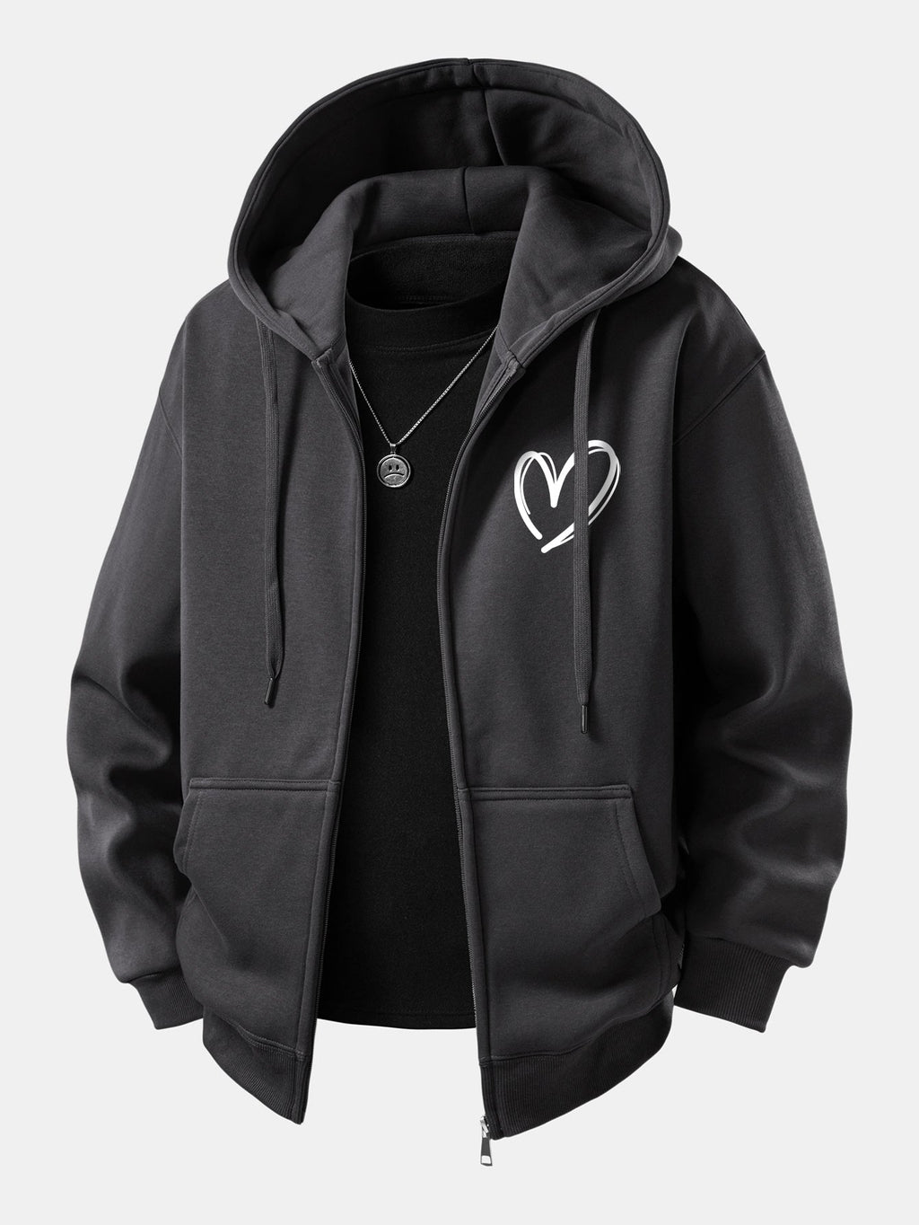 Heart Pattern Zip-Up Hoodie