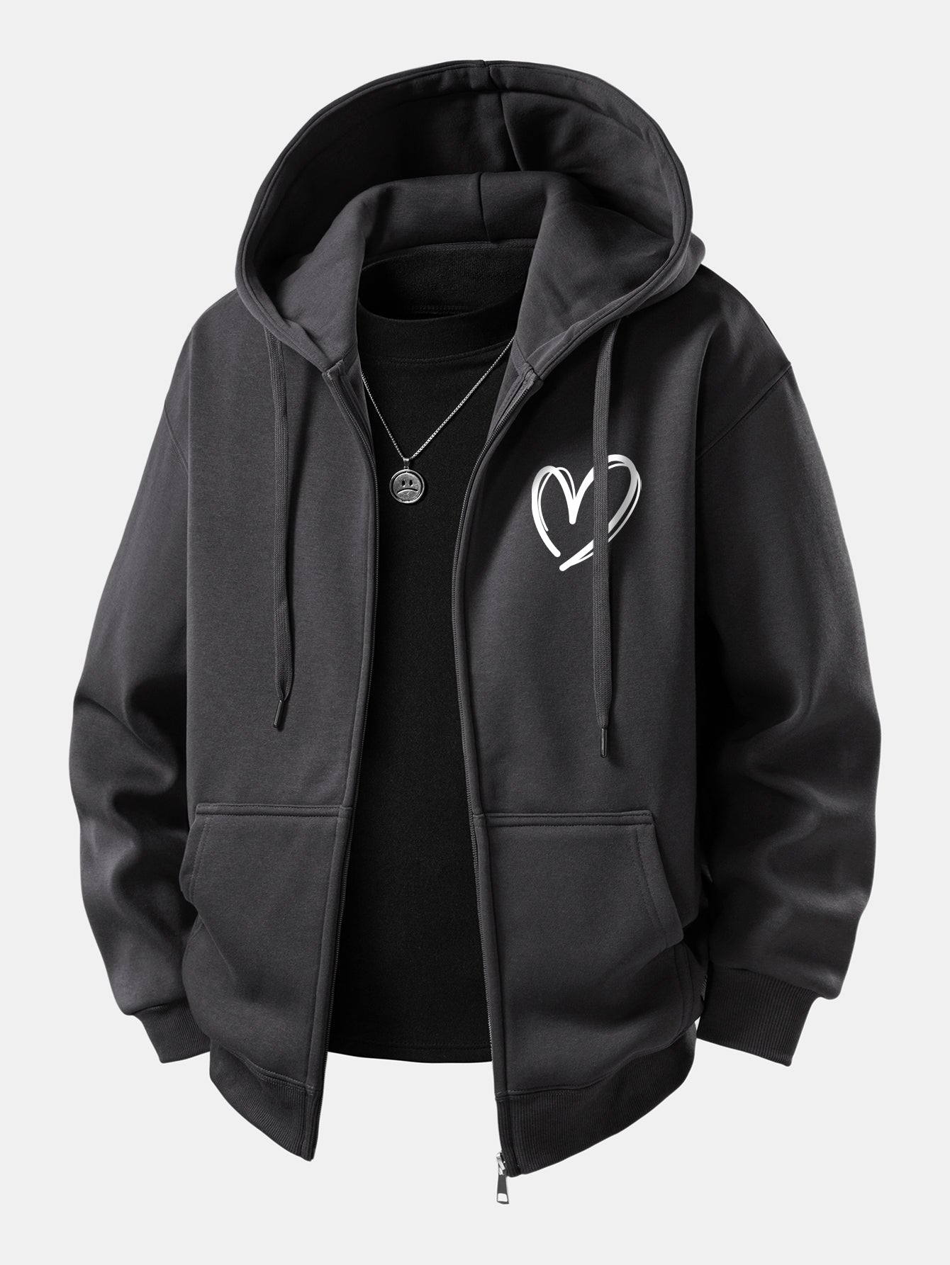 Heart Pattern Zip-Up Hoodie