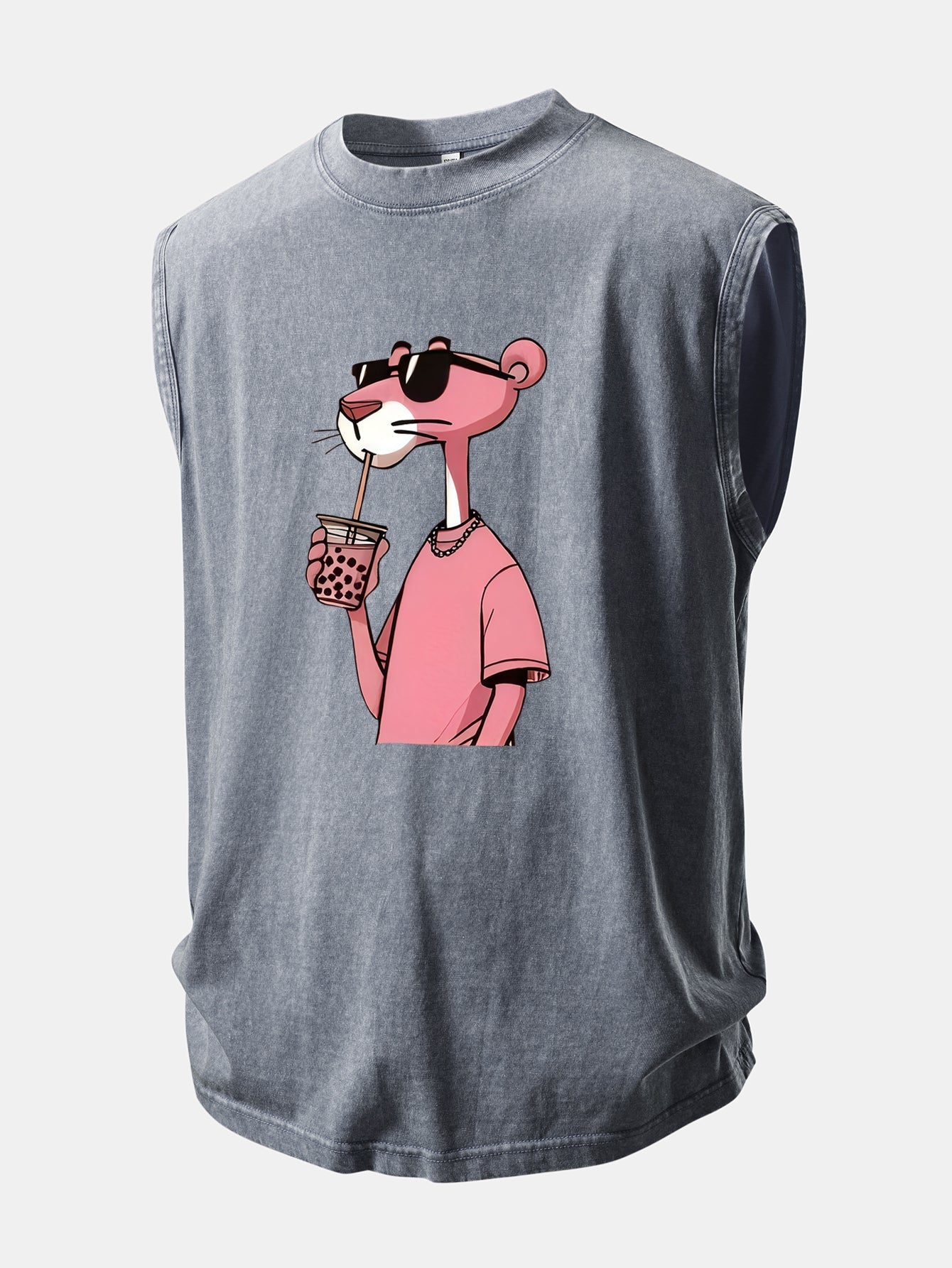 Distressed Washed Tank Top with Pink Panther Print