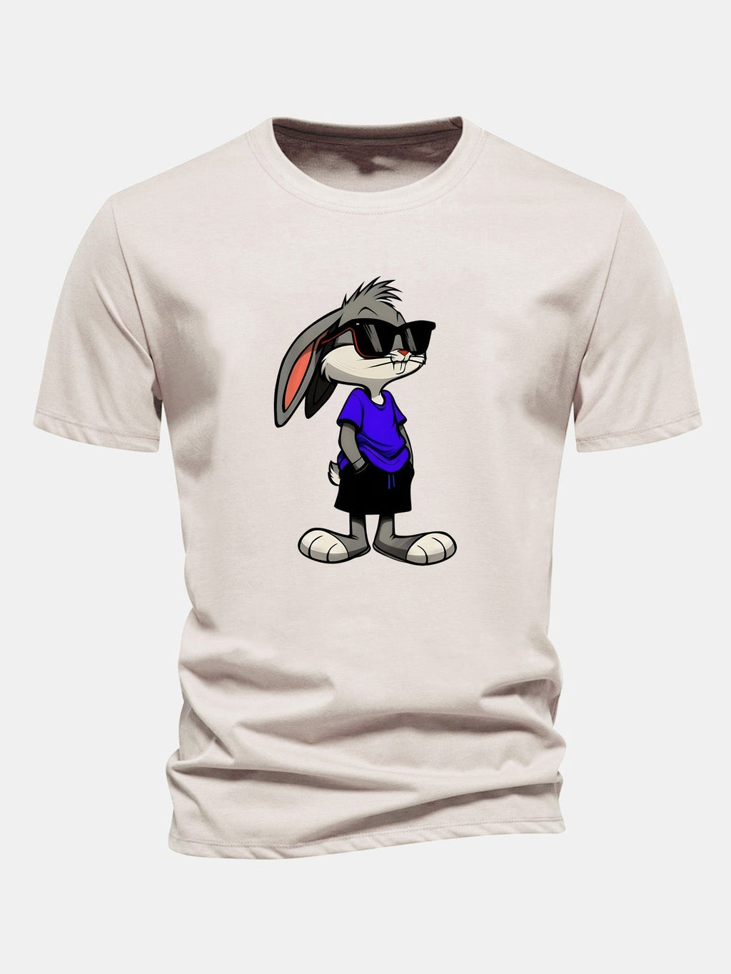 Rabbit Print Cotton T-Shirt in Regular Fit with Sunglasses Design
