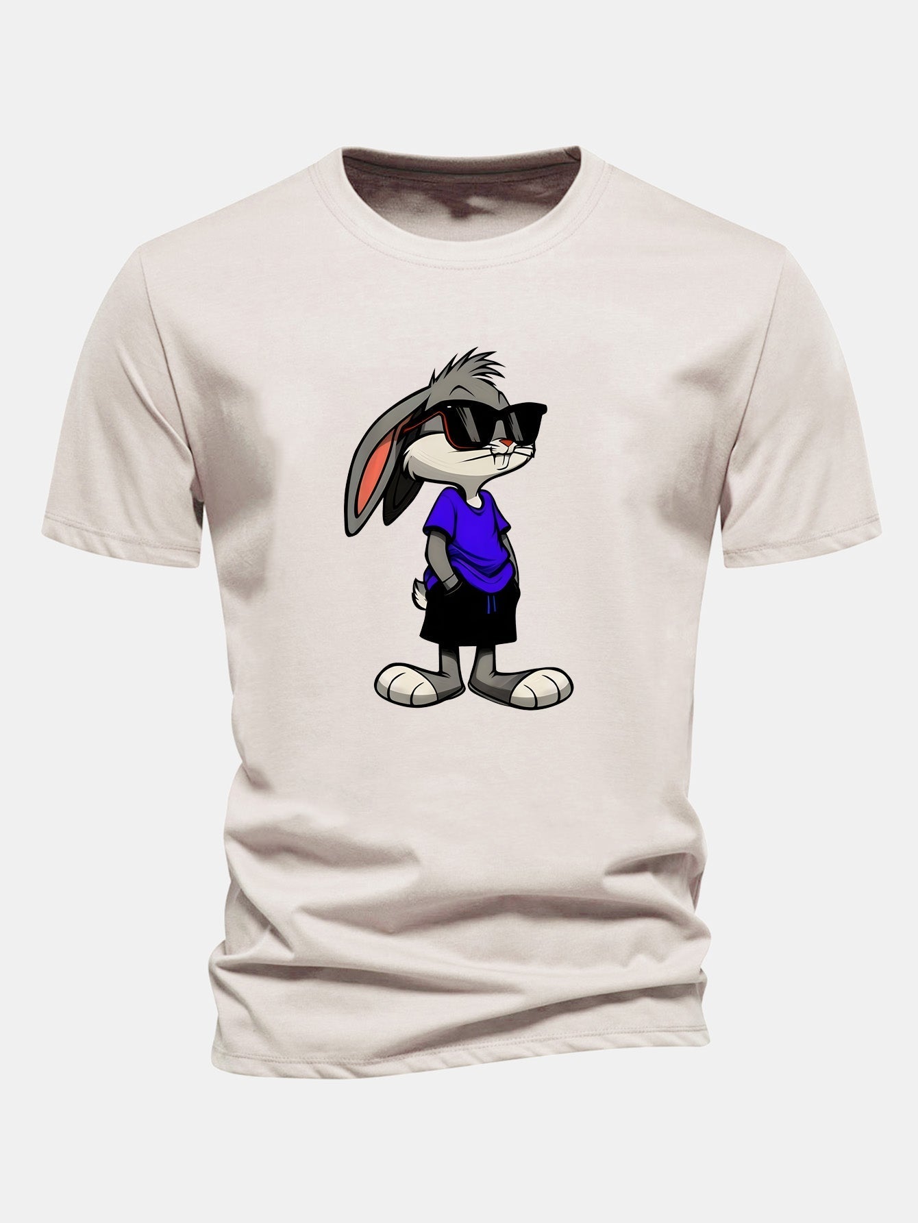 Rabbit Print Cotton T-Shirt in Regular Fit with Sunglasses Design
