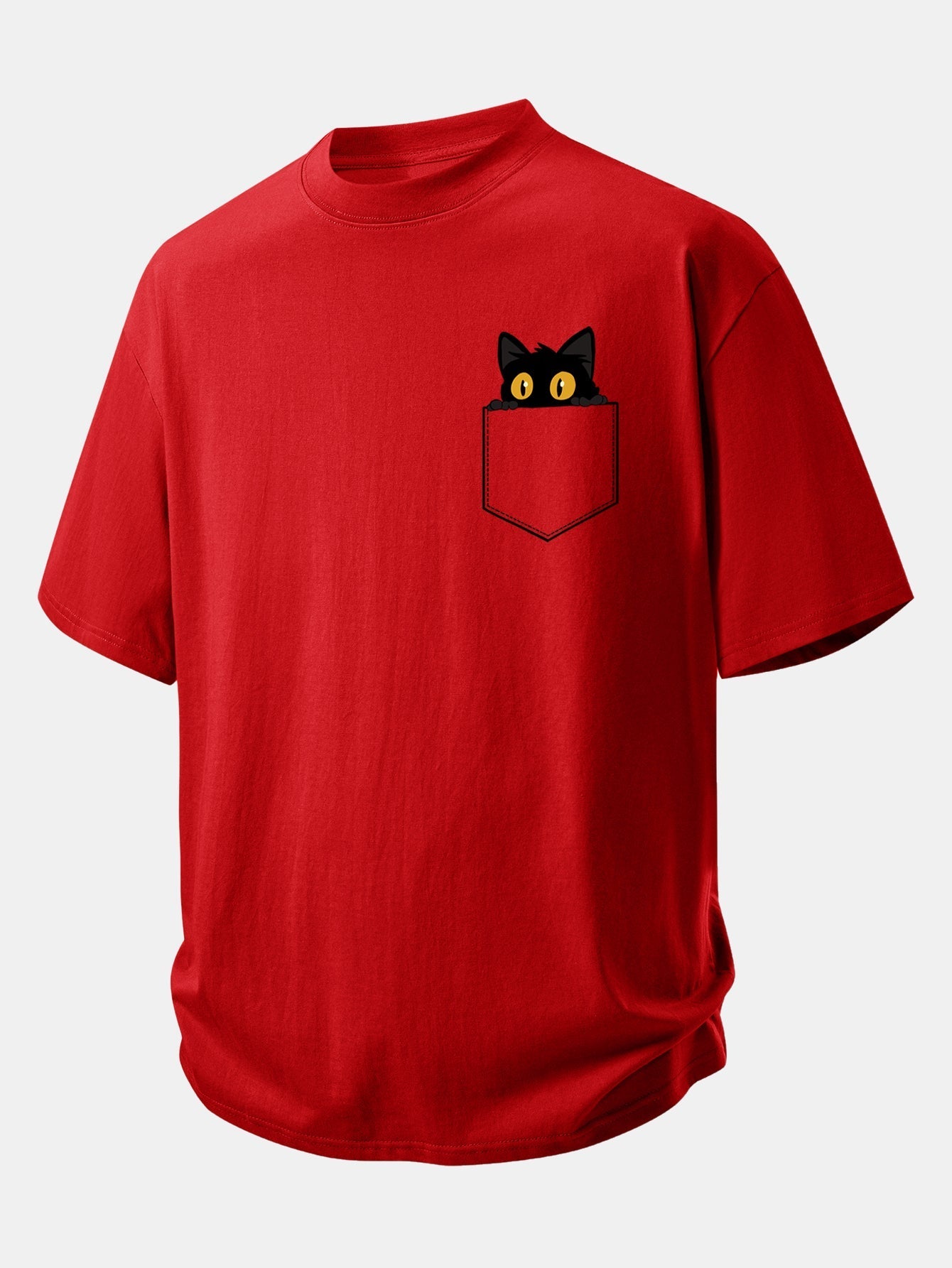 Relaxed Fit Cotton T-Shirt with Black Cat Print and Pockets