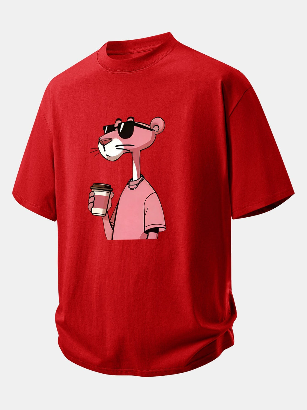Casual Fit Pink Panther Coffee Print Cotton Tee