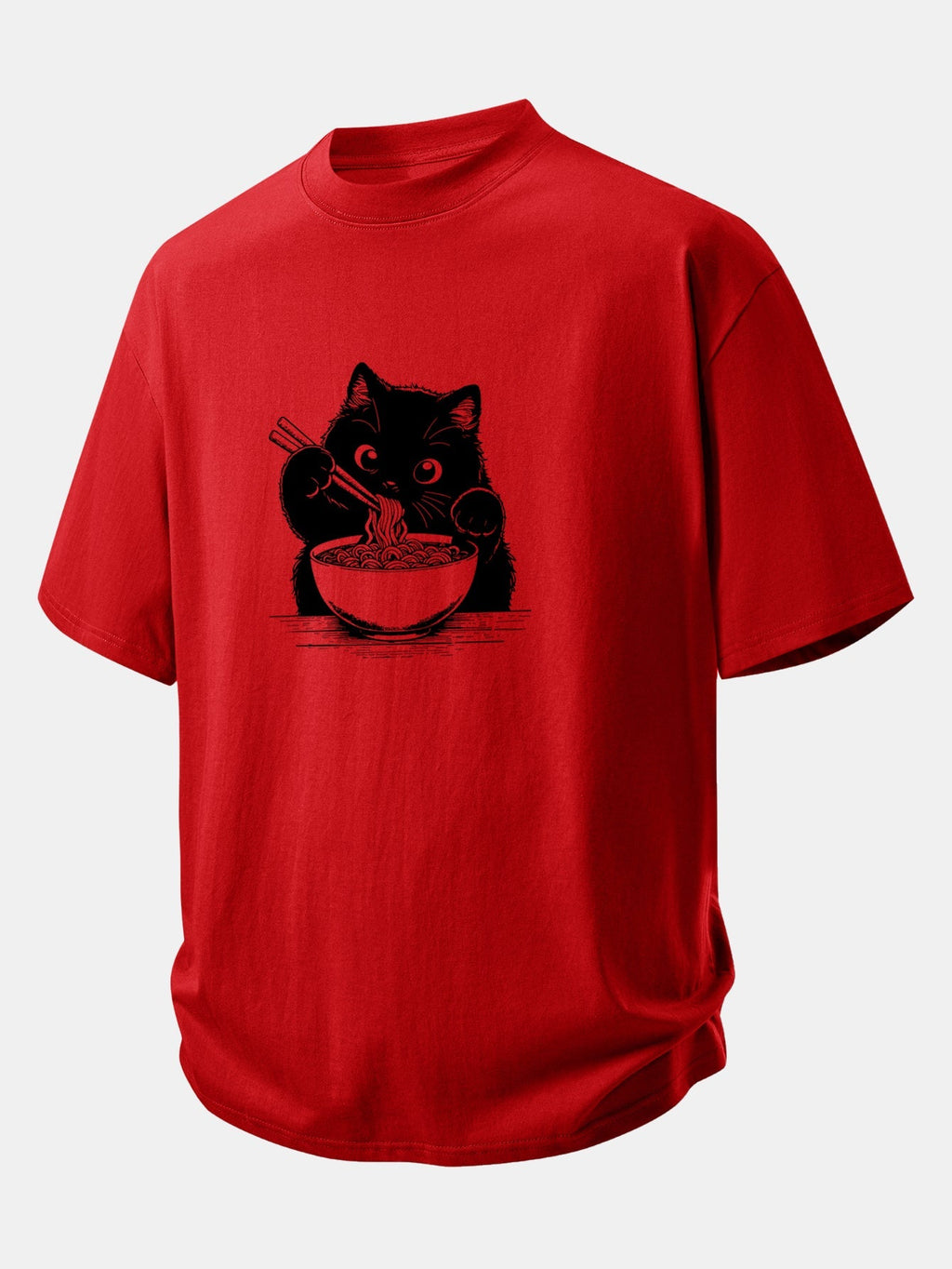 Comfortable Black Cat Ramen Graphic Cotton T-Shirt
