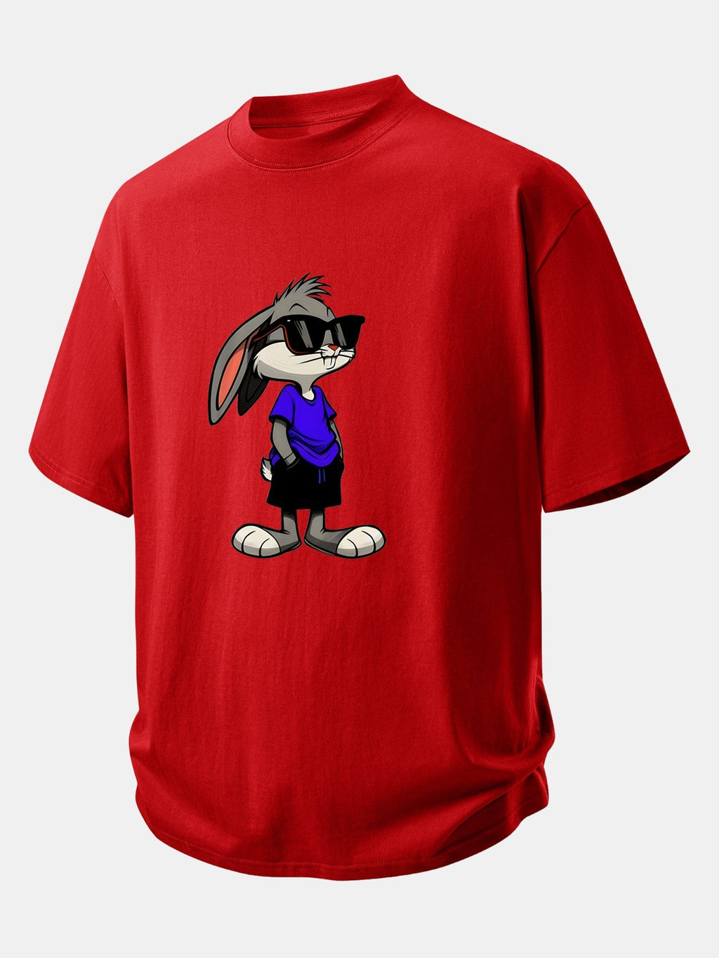 Relaxed Fit Cotton T-Shirt with Rabbit Print Sunglasses Design