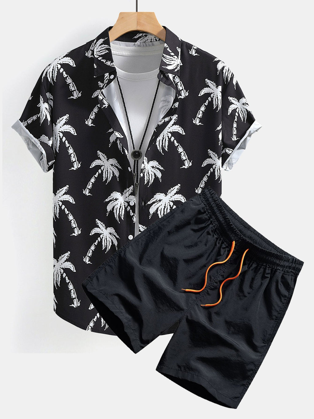 Button-Up Shirt and Swim Shorts with Palm Tree Print