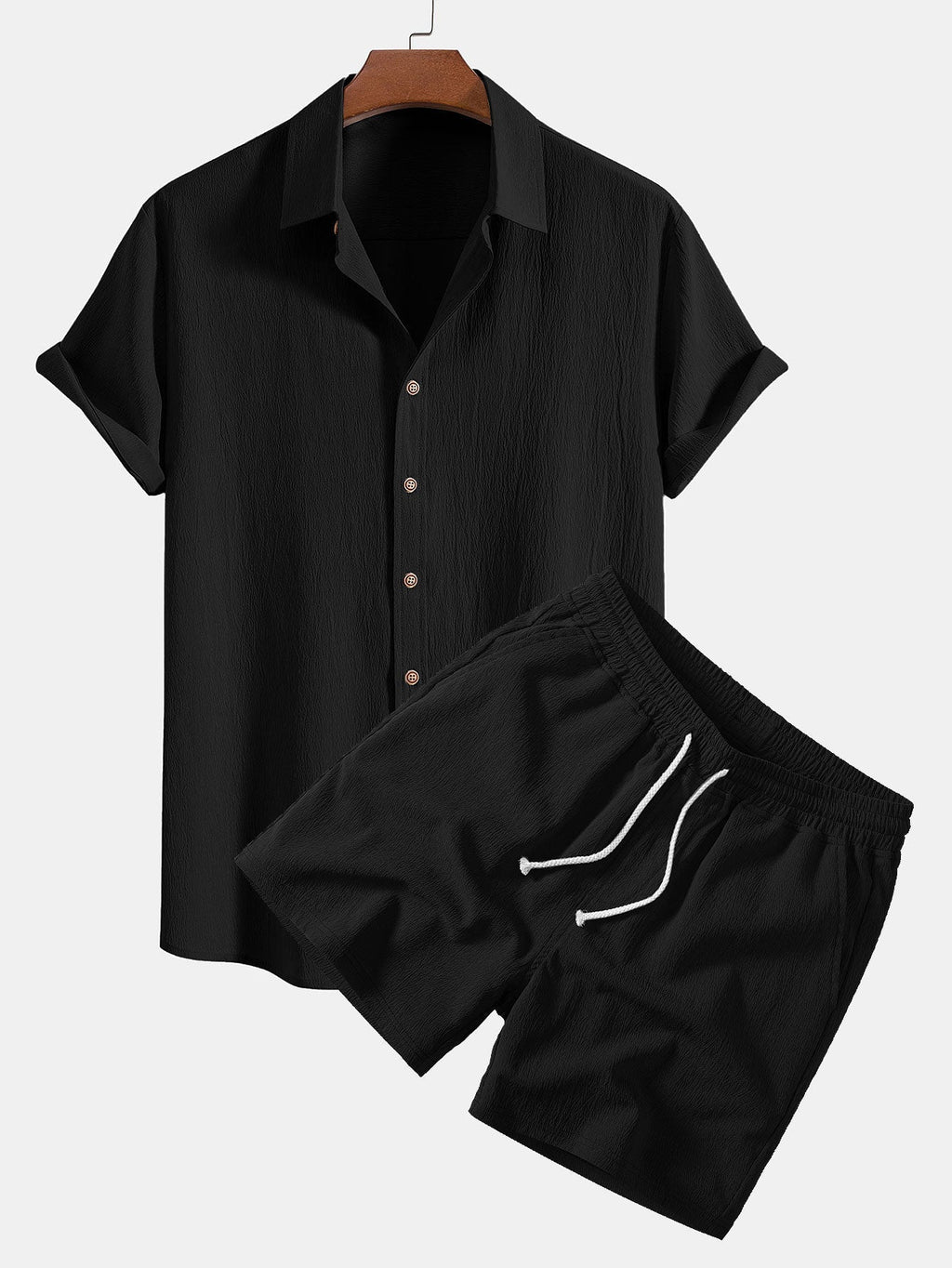 Crinkled Texture Shirt & 5" Drawstring Shorts with Crinkle Texture