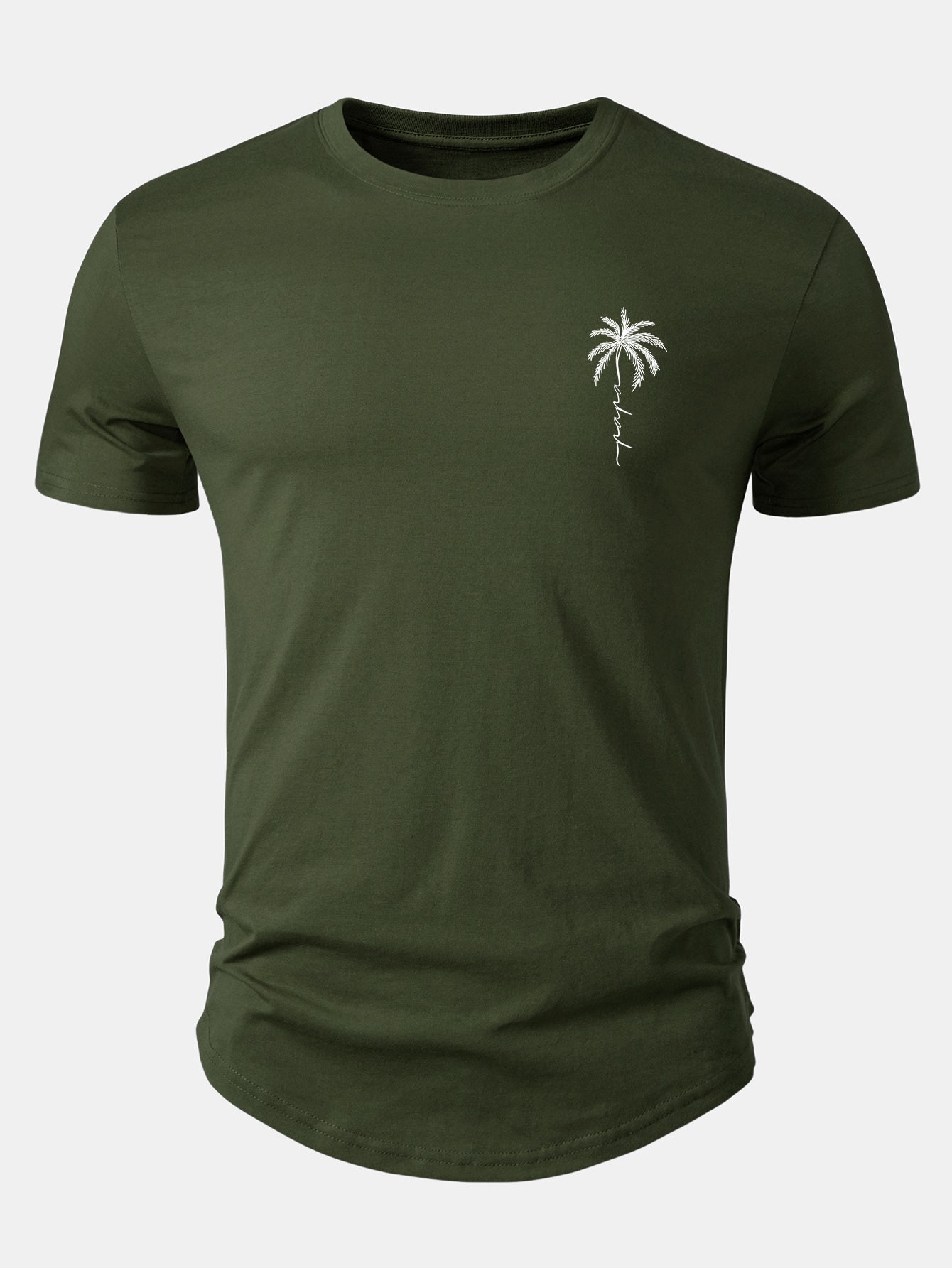 Arc Hem Cotton T-Shirt with Palm Tree Slogan Print