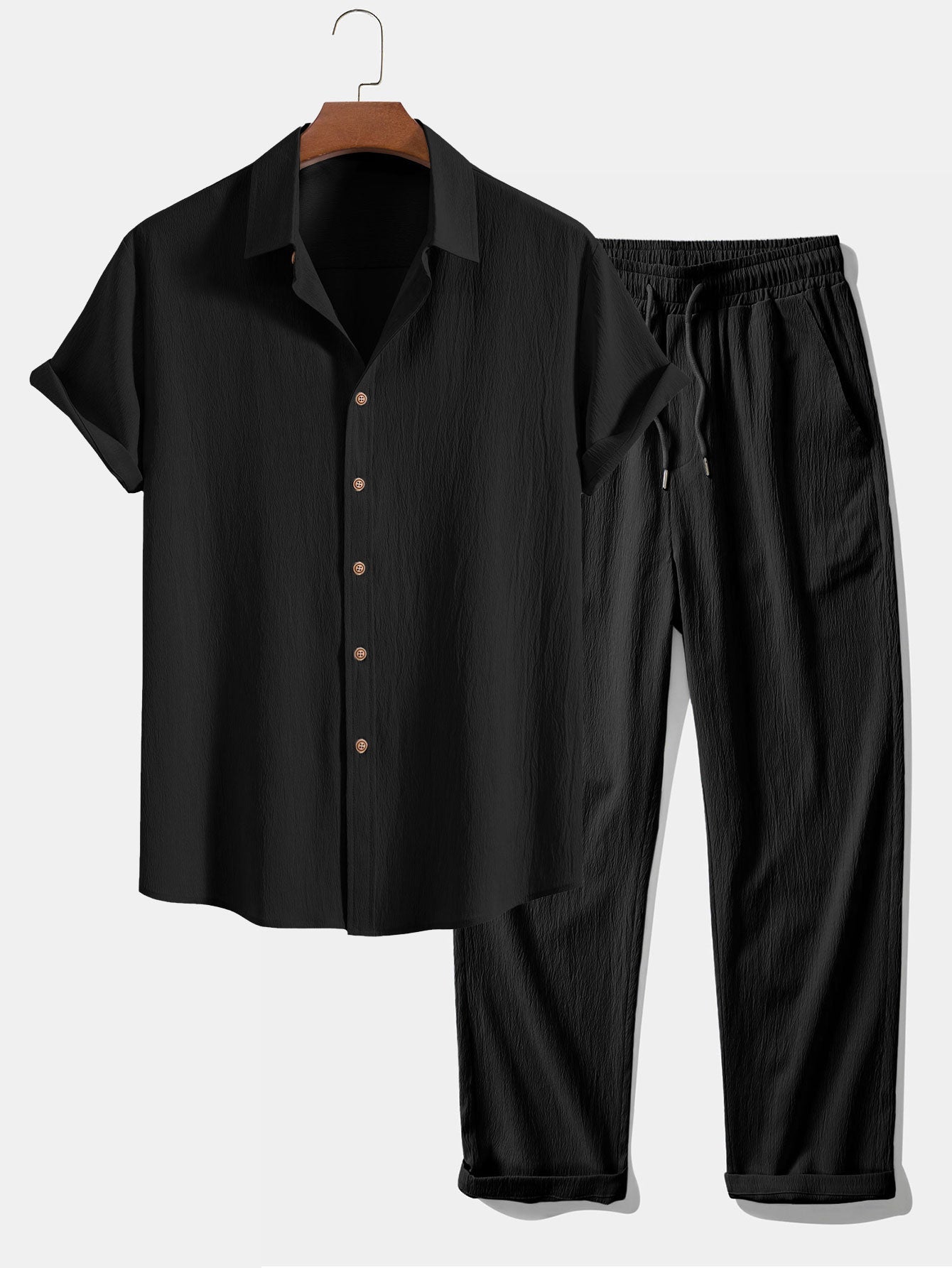 Textured Crinkle Button-Up Shirt with Straight-Leg Trousers