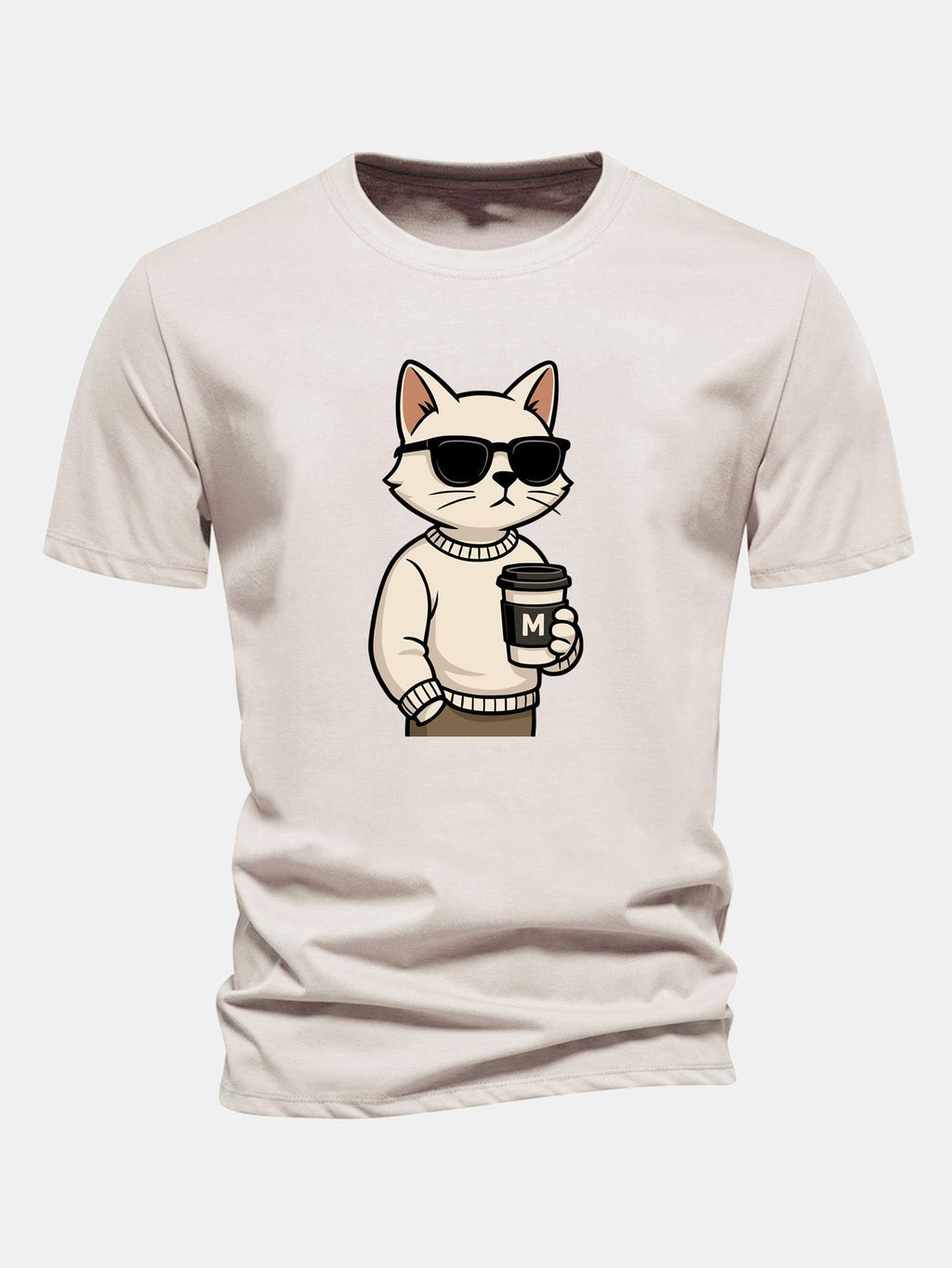 Classic Fit Cotton T-Shirt with Cat Coffee Print