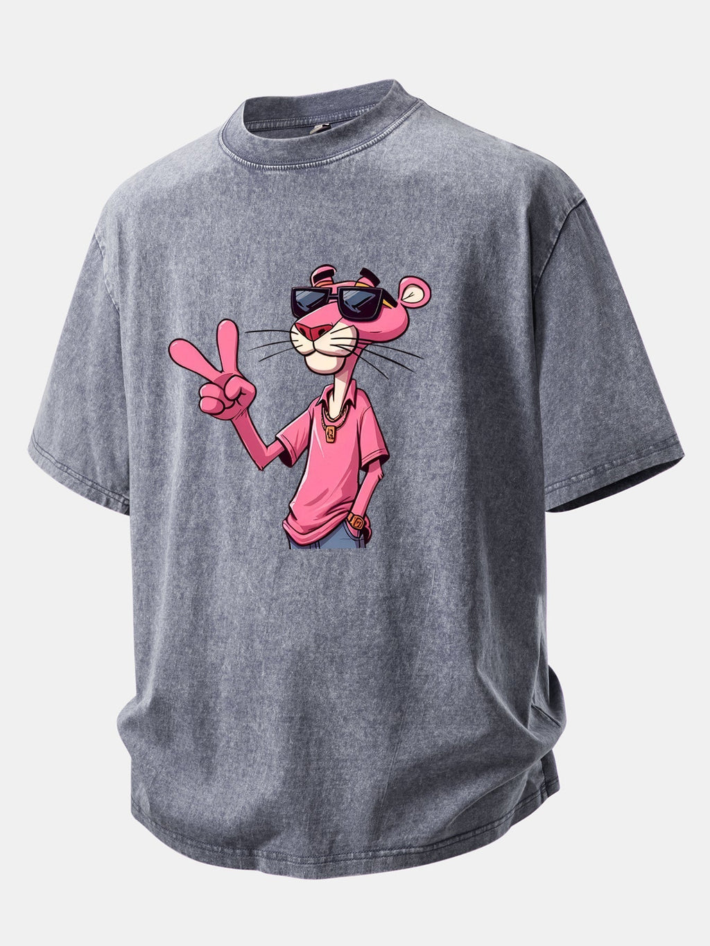 Distressed Drop Shoulder T-Shirt Featuring Pink Panther with V Sign Print