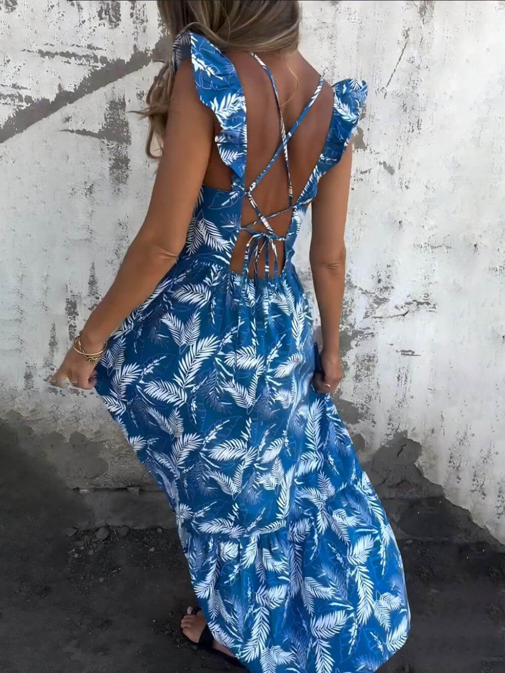 Elegant Hollow Tie Feather Print Ruffle Sleeve Maxi Dress