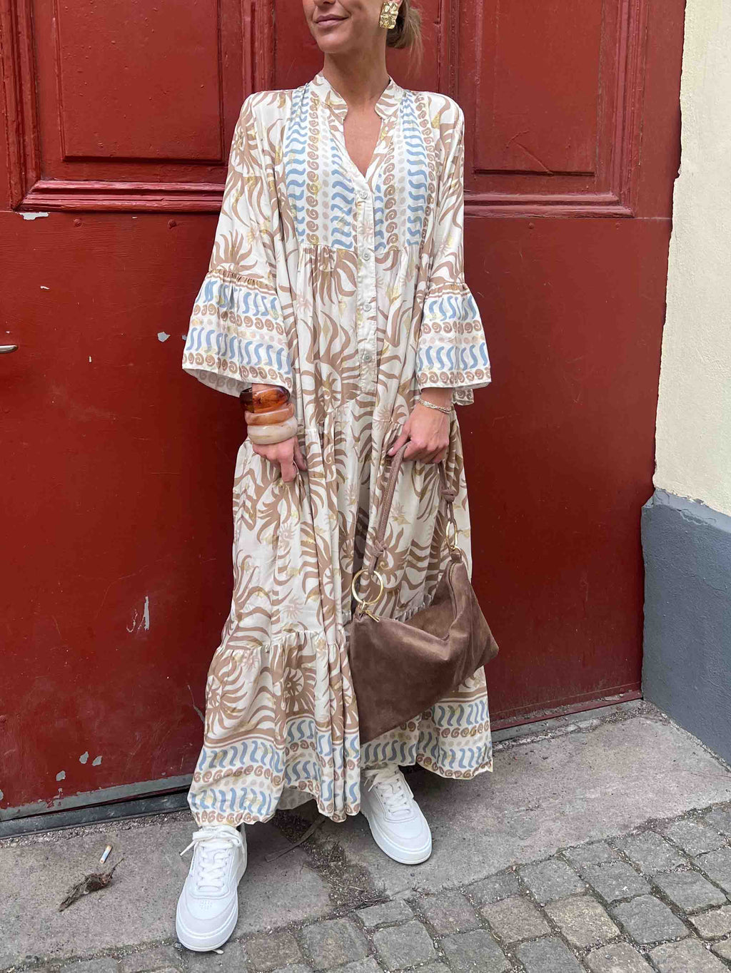 Casual Ethnic Print Trumpet Sleeve Maxi Dress