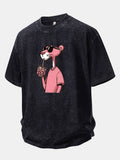 Distressed Drop Shoulder T-Shirt with Pink Panther Print