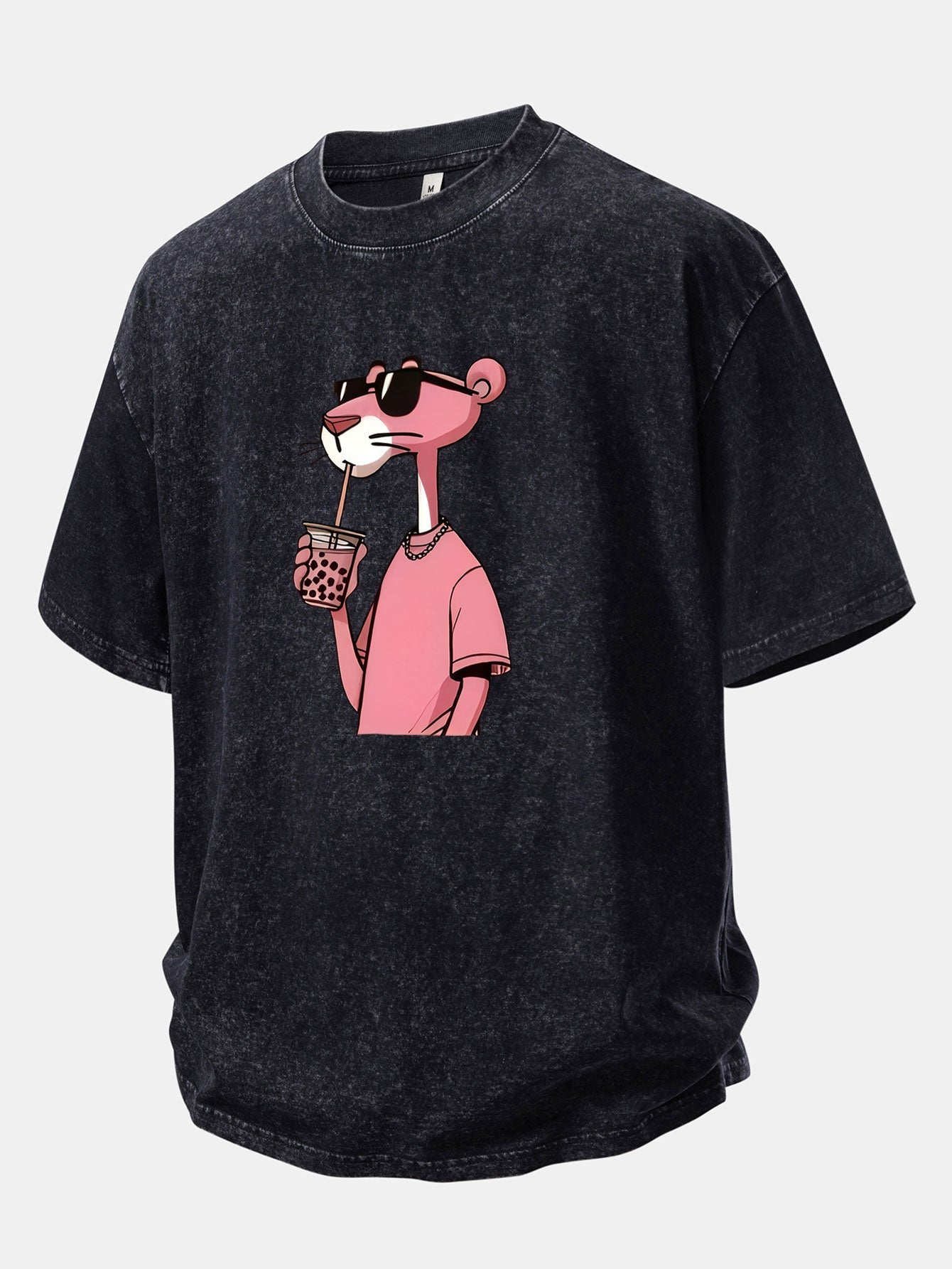 Distressed Drop Shoulder T-Shirt with Pink Panther Print
