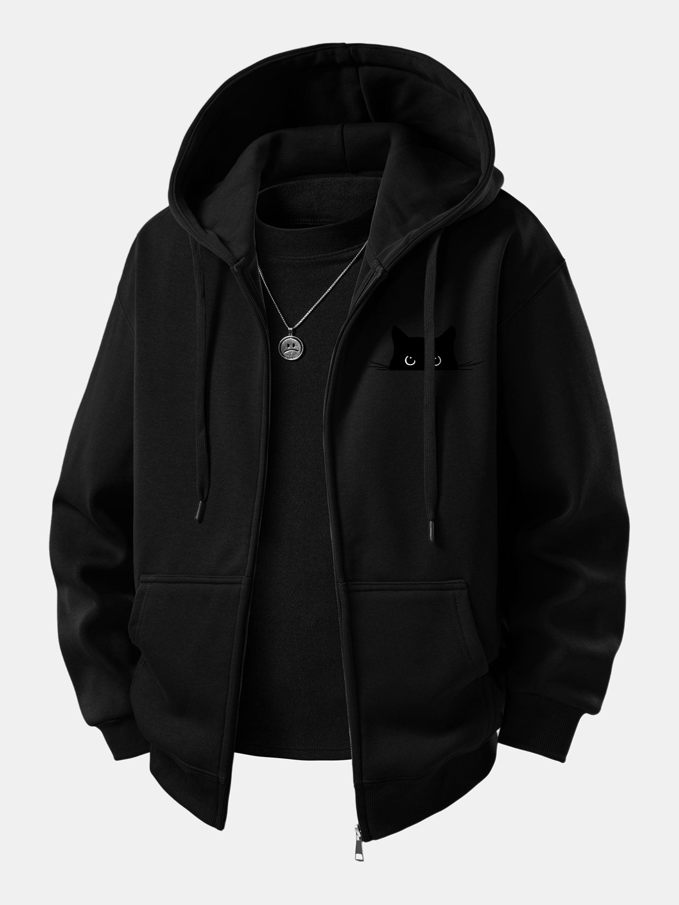 Zip-Up Hoodie with Black Cat Print