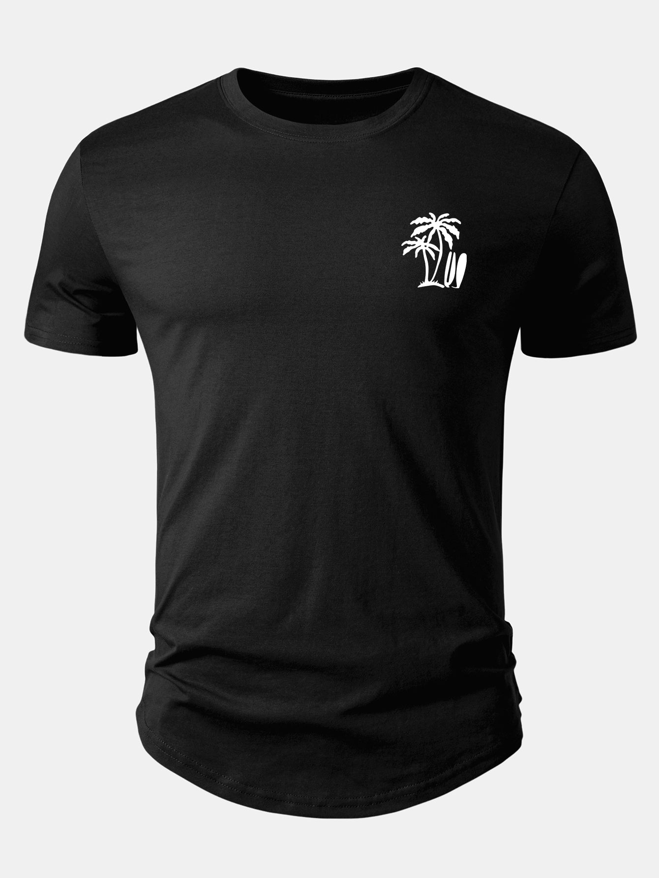 Arc Hem T-Shirt with Palm Tree Print in Cotton