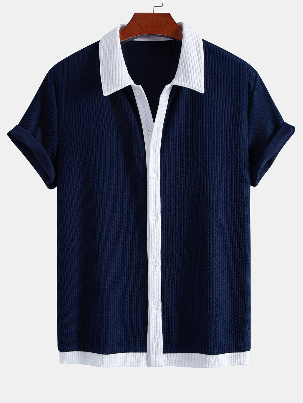 Ribbed Button-Up Shirt with Contrast Details & Drawstring Ribbed Shorts