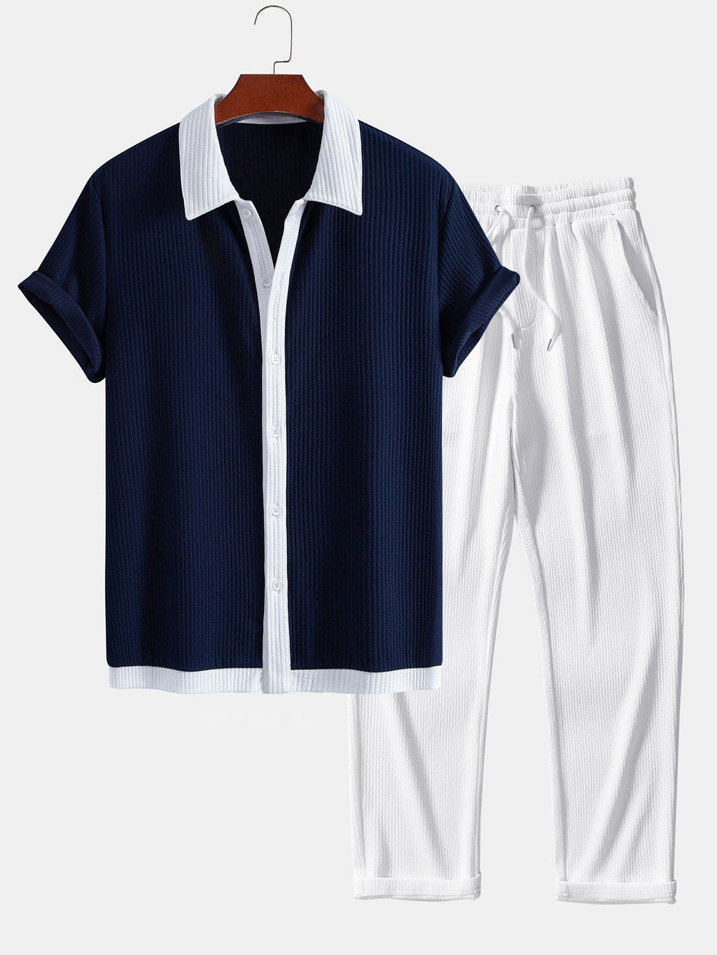 Ribbed Button-Up Shirt with Contrast Details & Straight-Leg Ribbed Trousers