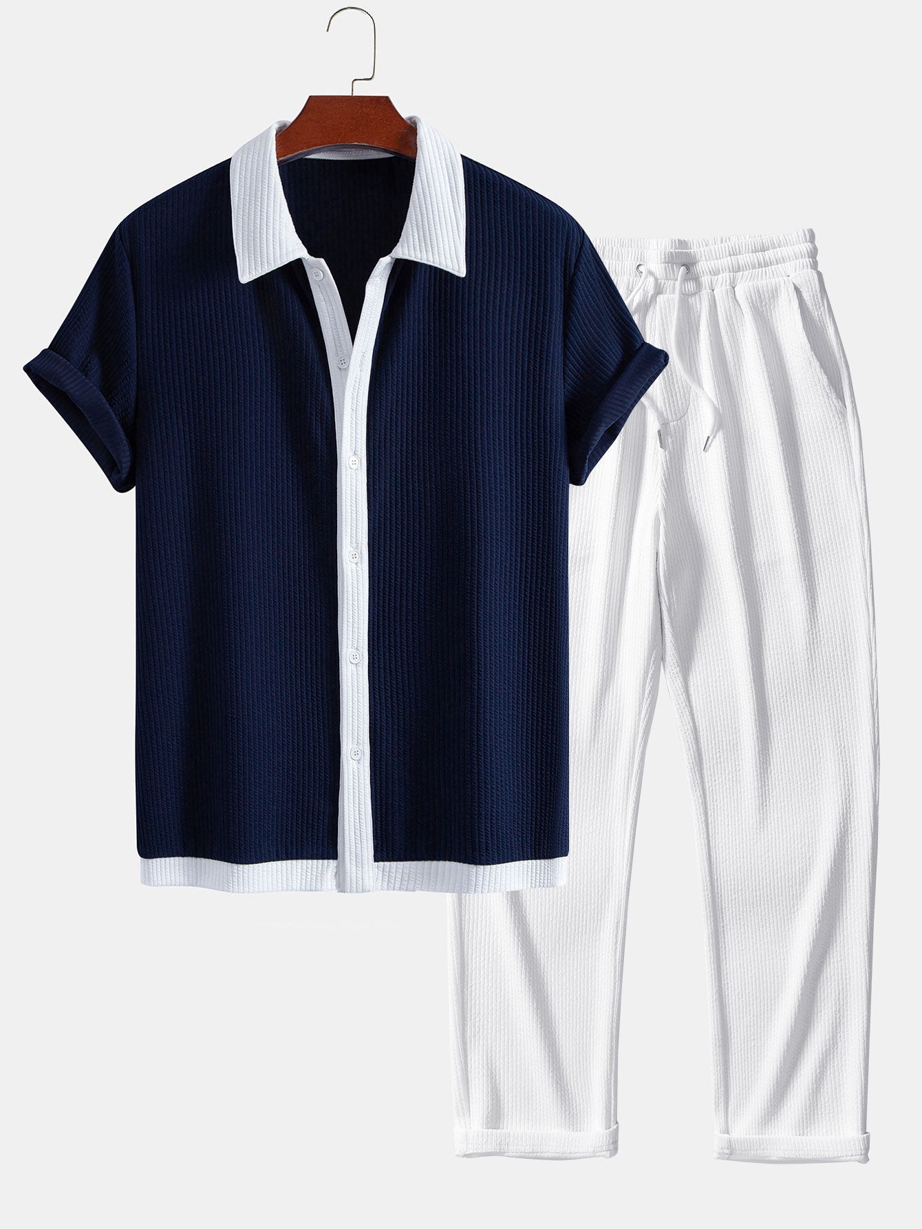 Ribbed Button-Up Shirt with Contrast Details & Straight-Leg Ribbed Trousers