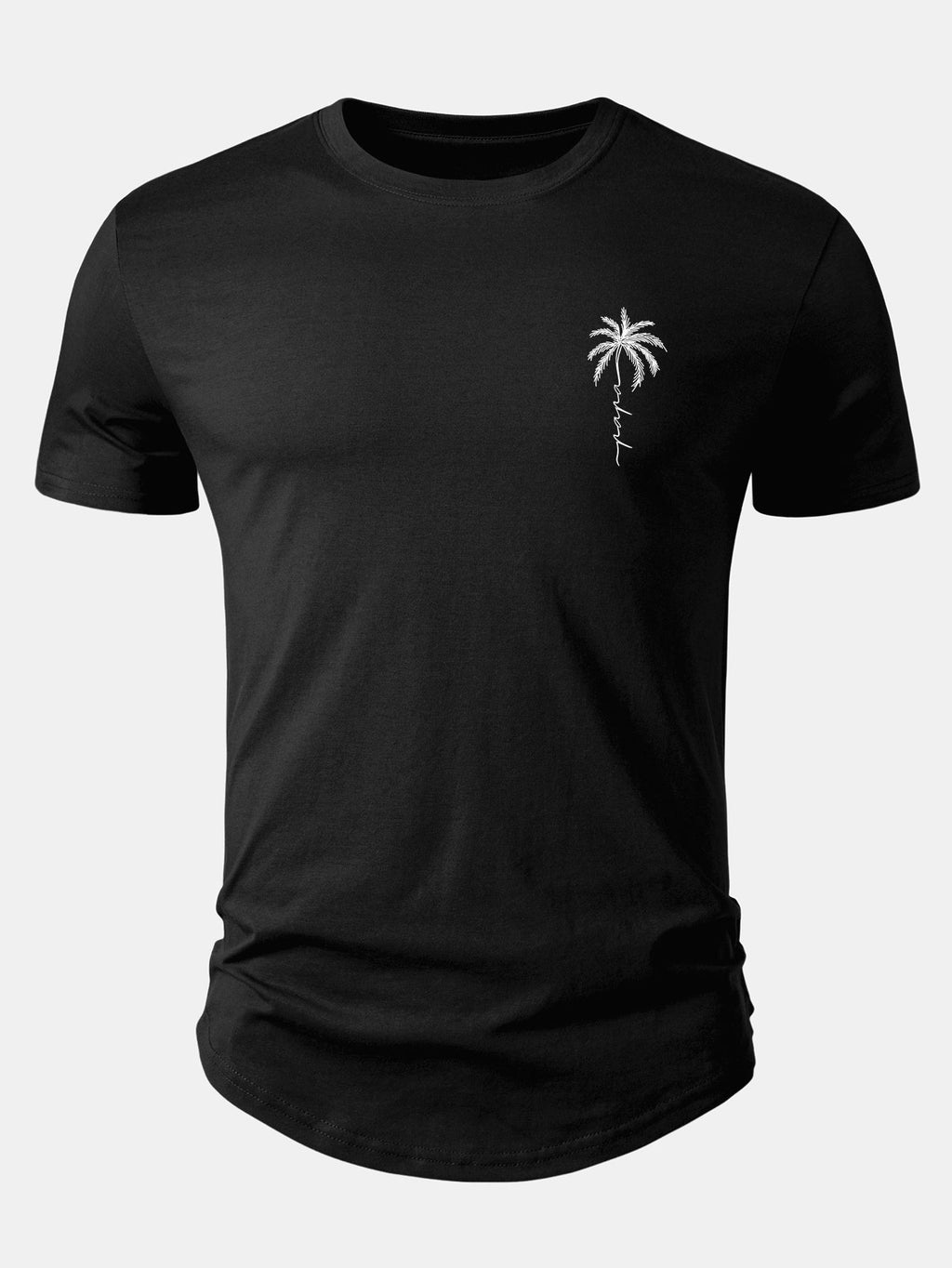 Arc Hem Cotton T-Shirt with Palm Tree Slogan Print