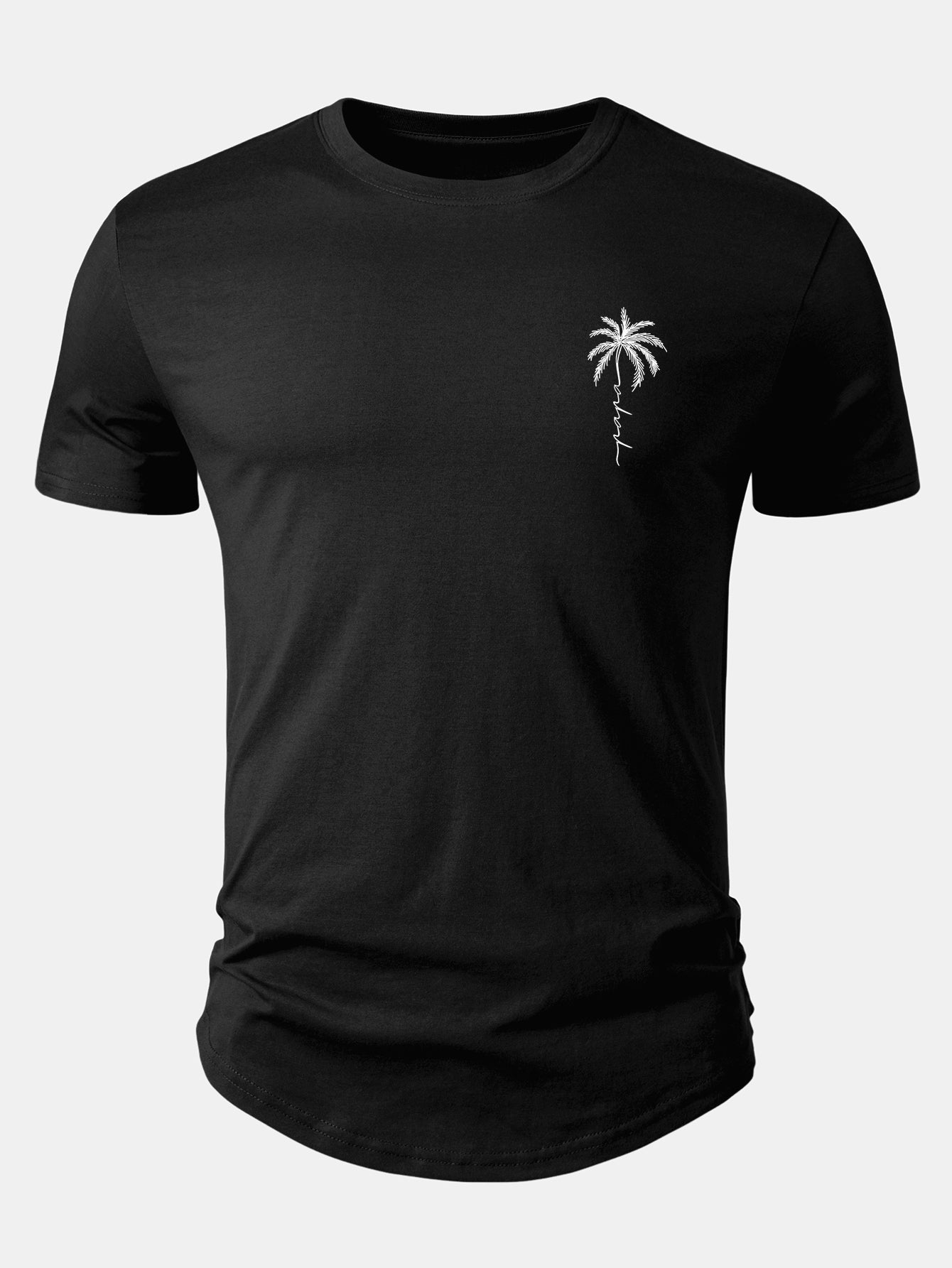 Arc Hem Cotton T-Shirt with Palm Tree Slogan Print