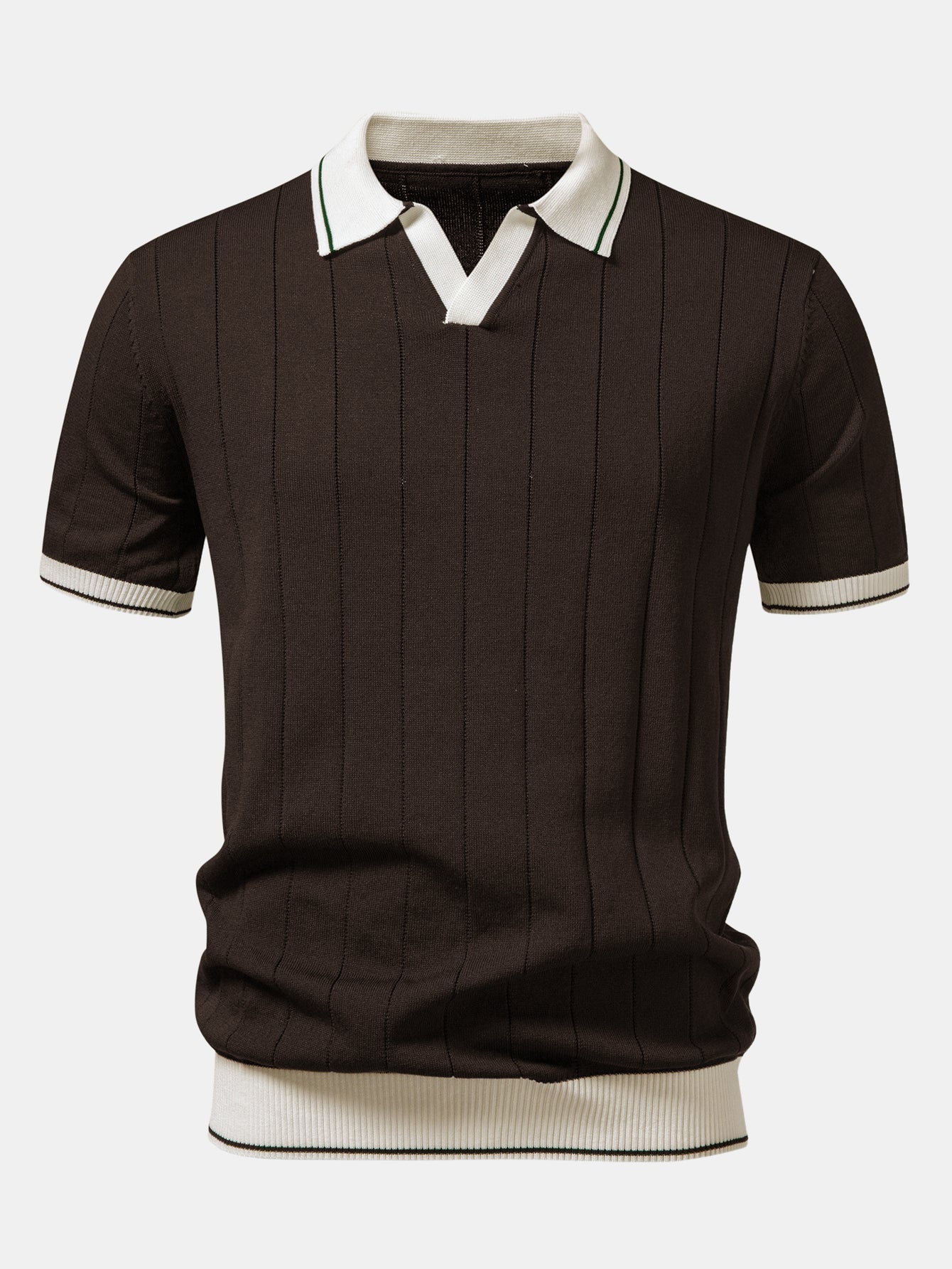 Ribbed Johnny Collar Knit Polo with Contrast Trim & Slim Fit Tapered Trousers