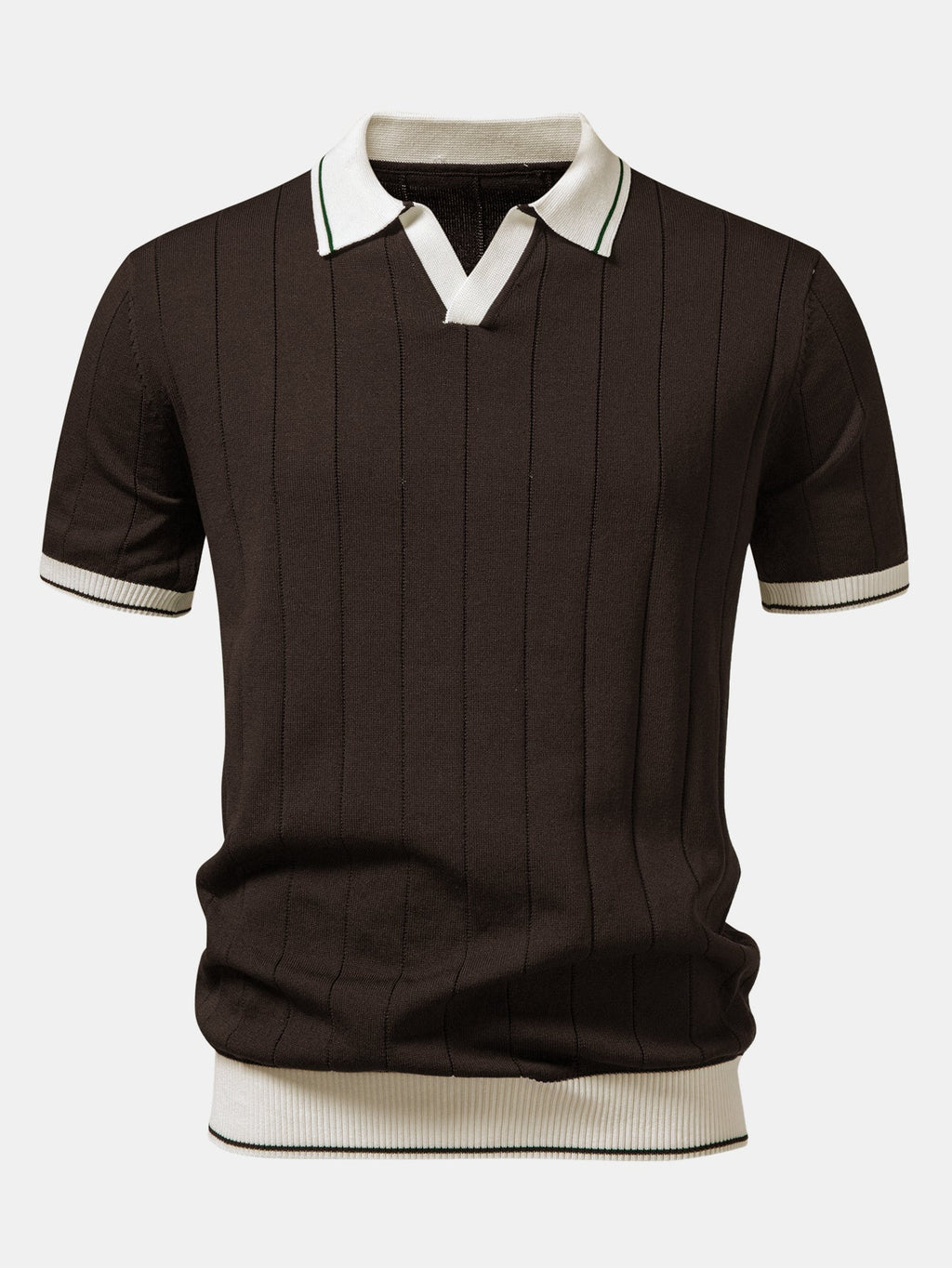 Ribbed Knit Polo with Contrast Trim and Johnny Collar
