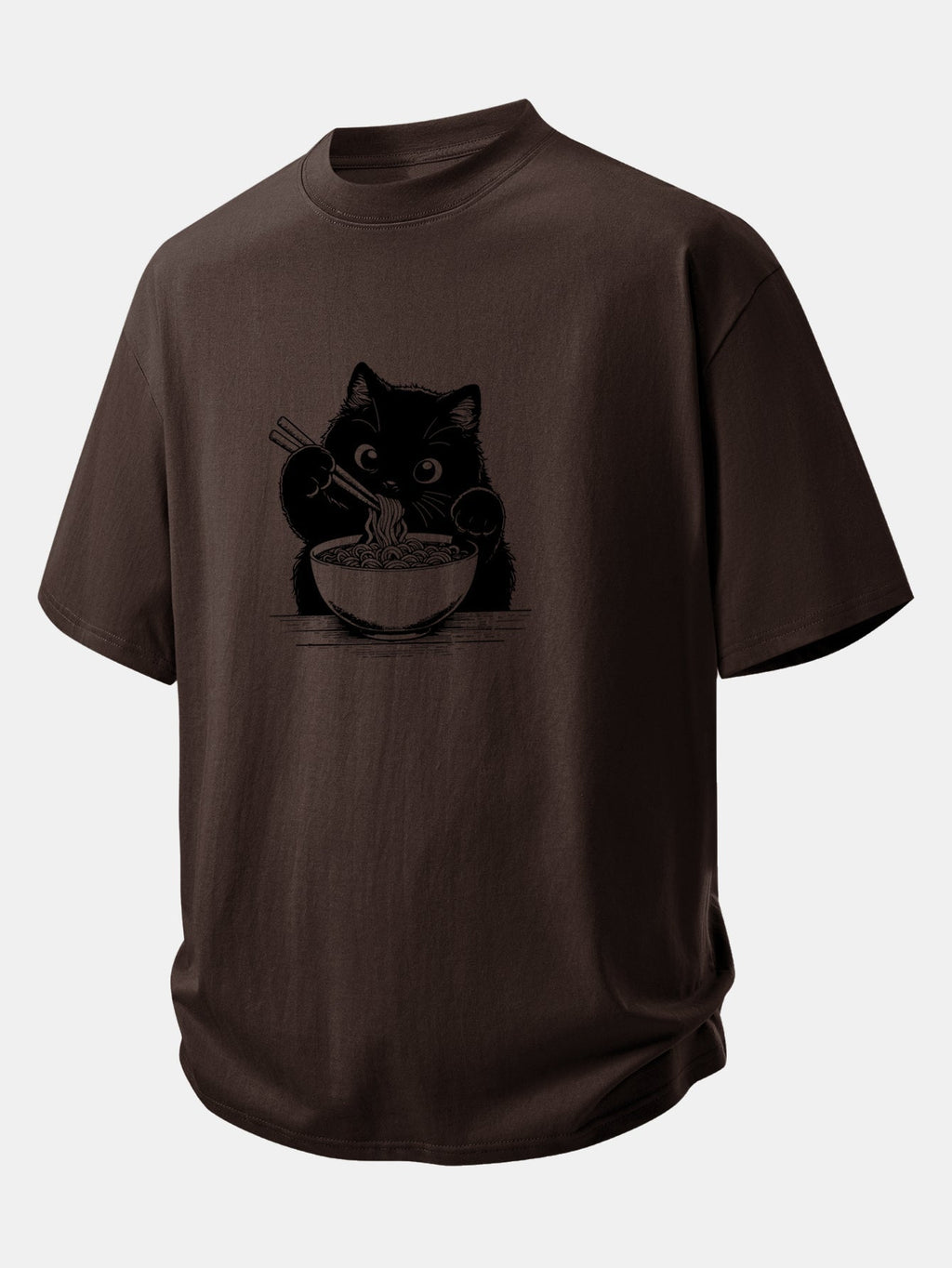Comfortable Black Cat Ramen Graphic Cotton T-Shirt