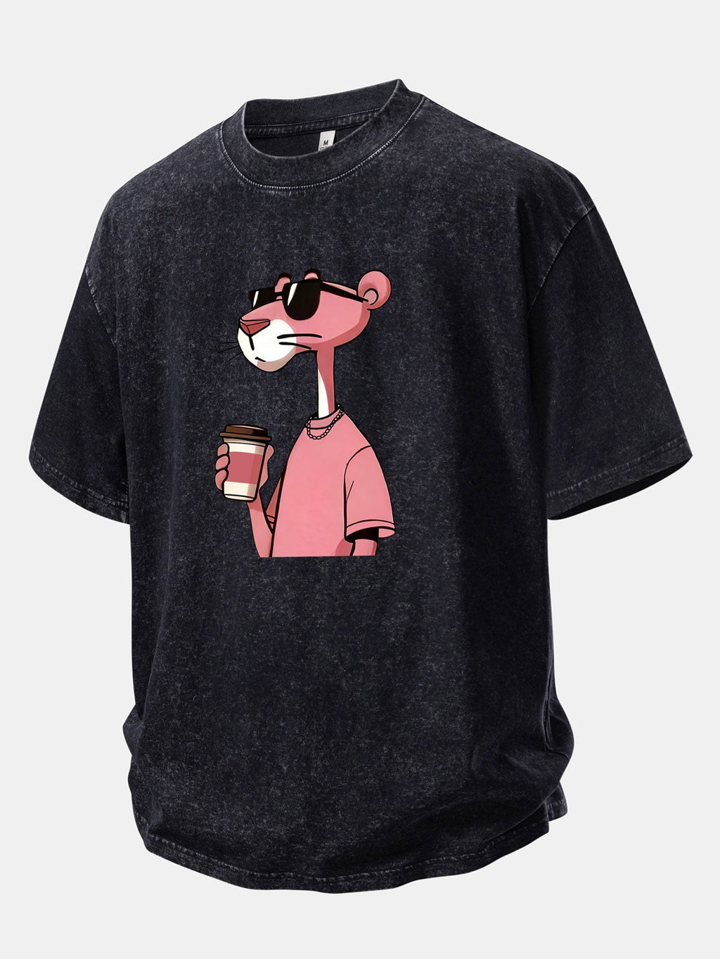 Distressed Drop Shoulder T-Shirt Featuring Pink Panther Coffee Print