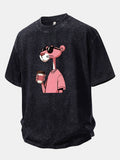 Distressed Drop Shoulder T-Shirt Featuring Pink Panther Coffee Print