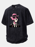 Distressed Pink Panther Print Drop Shoulder T-Shirt for Gentlemen