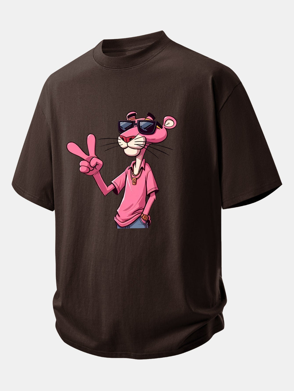 Relaxed Fit Cotton T-Shirt Featuring Pink Panther and V Sign Print