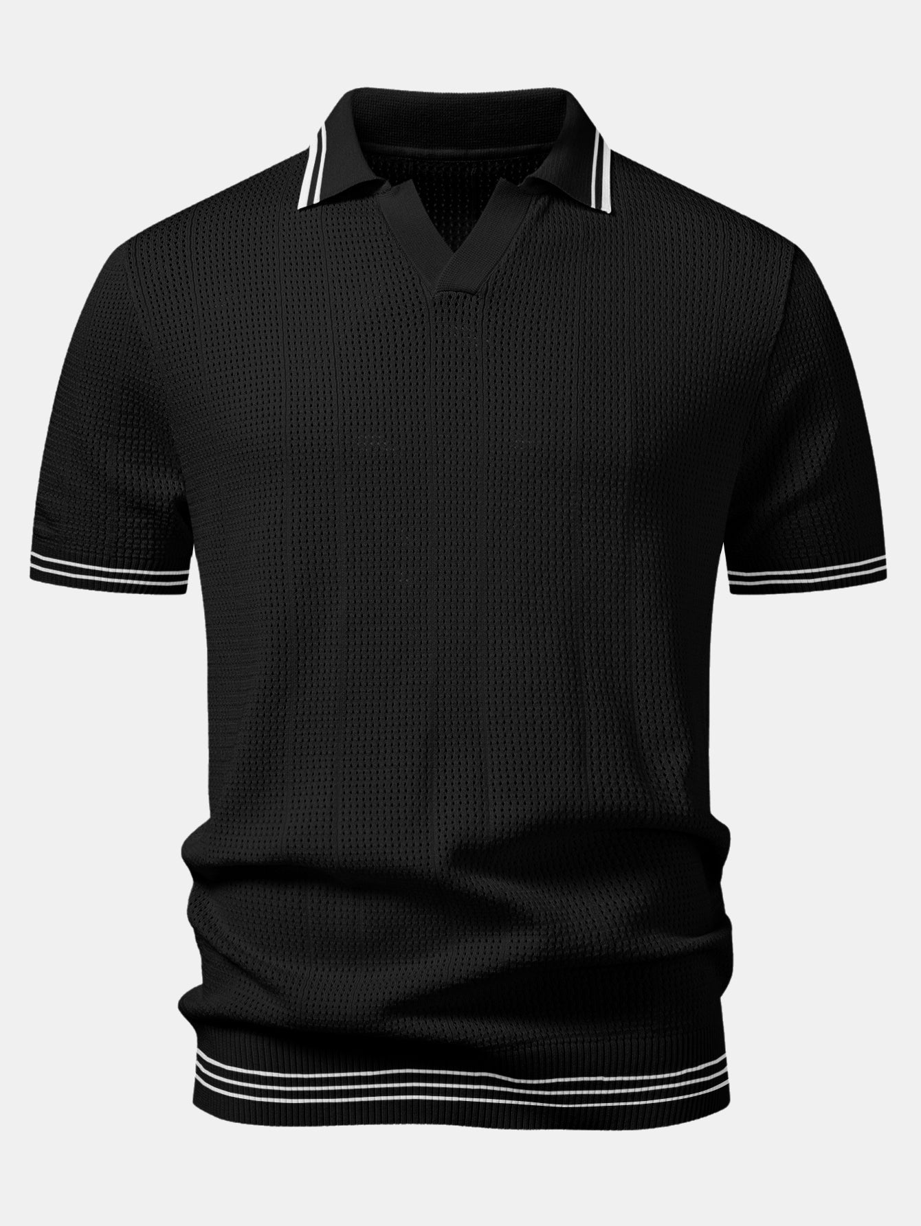 Open Knit Polo with Contrast Johnny Collar