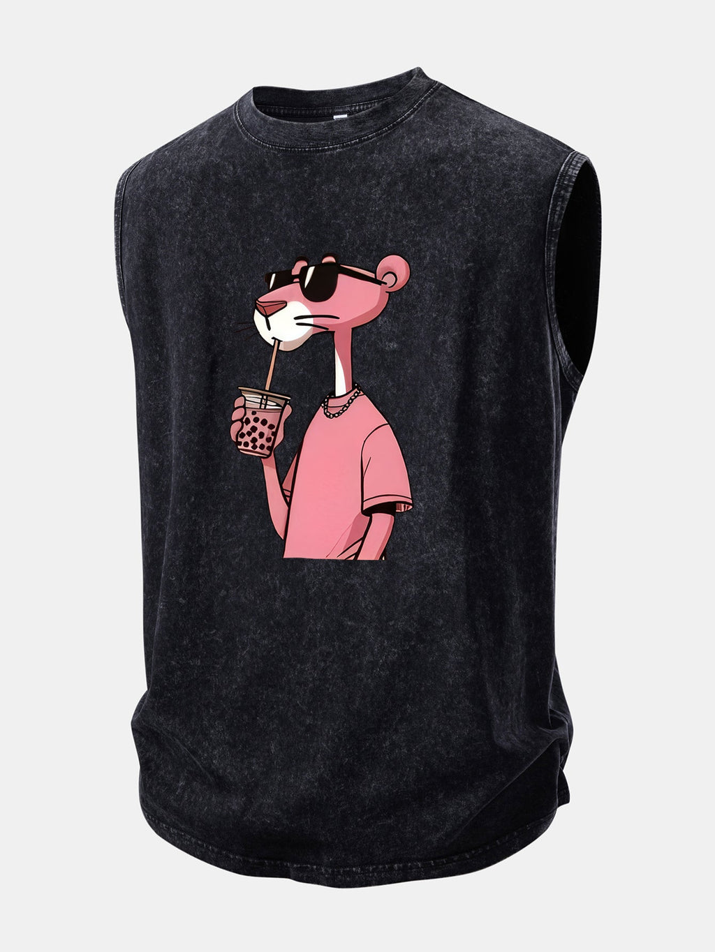 Distressed Washed Tank Top with Pink Panther Print
