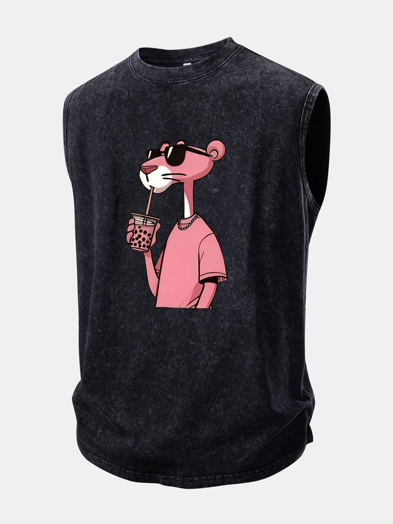 Distressed Washed Tank Top with Pink Panther Print