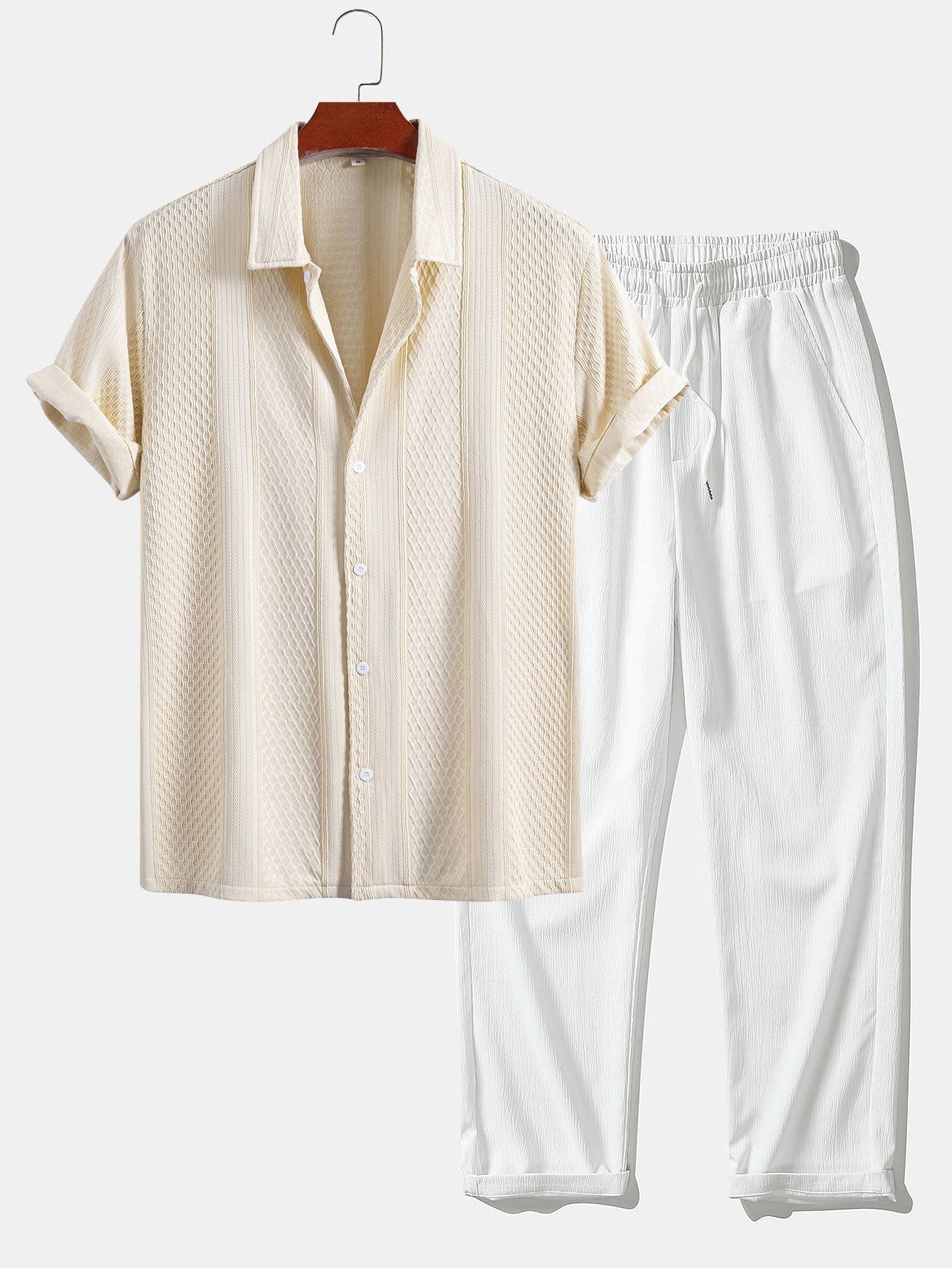 Geometric Jacquard Button-Up Shirt with Crinkle Textured Straight-Leg Pants
