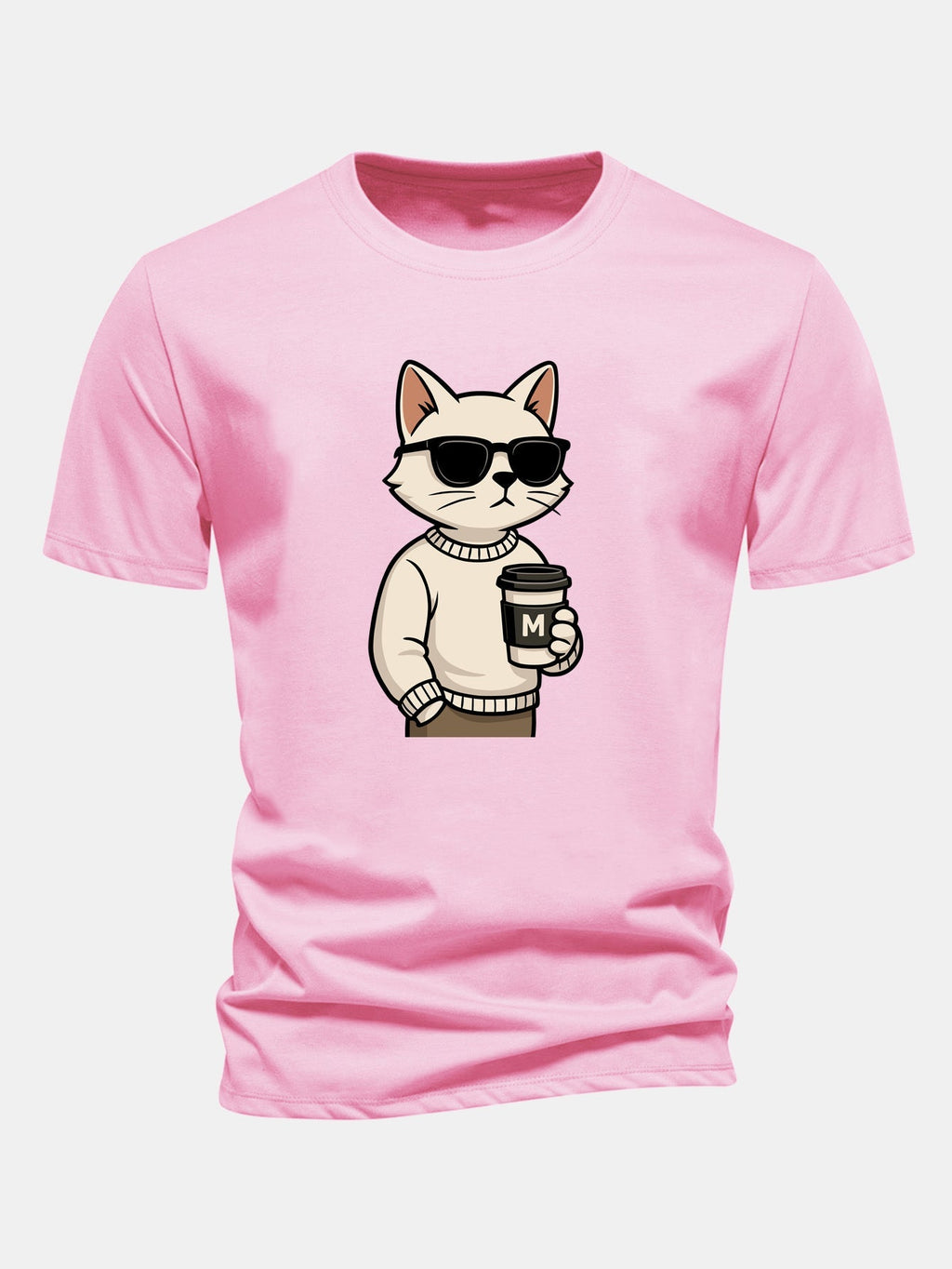 Classic Fit Cotton T-Shirt with Cat Coffee Print
