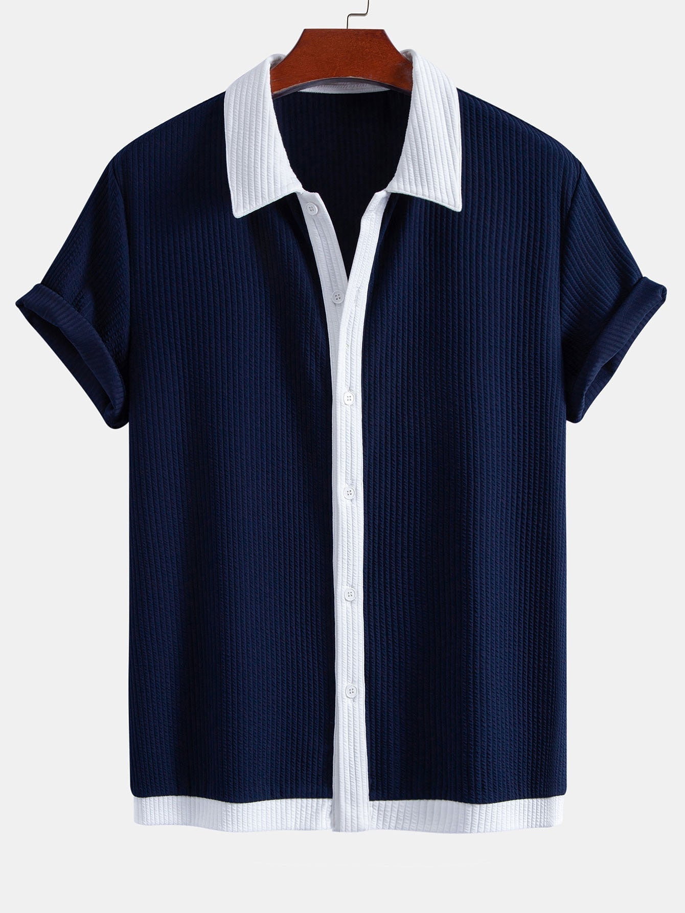 Two-Tone Ribbed Button-Up Shirt