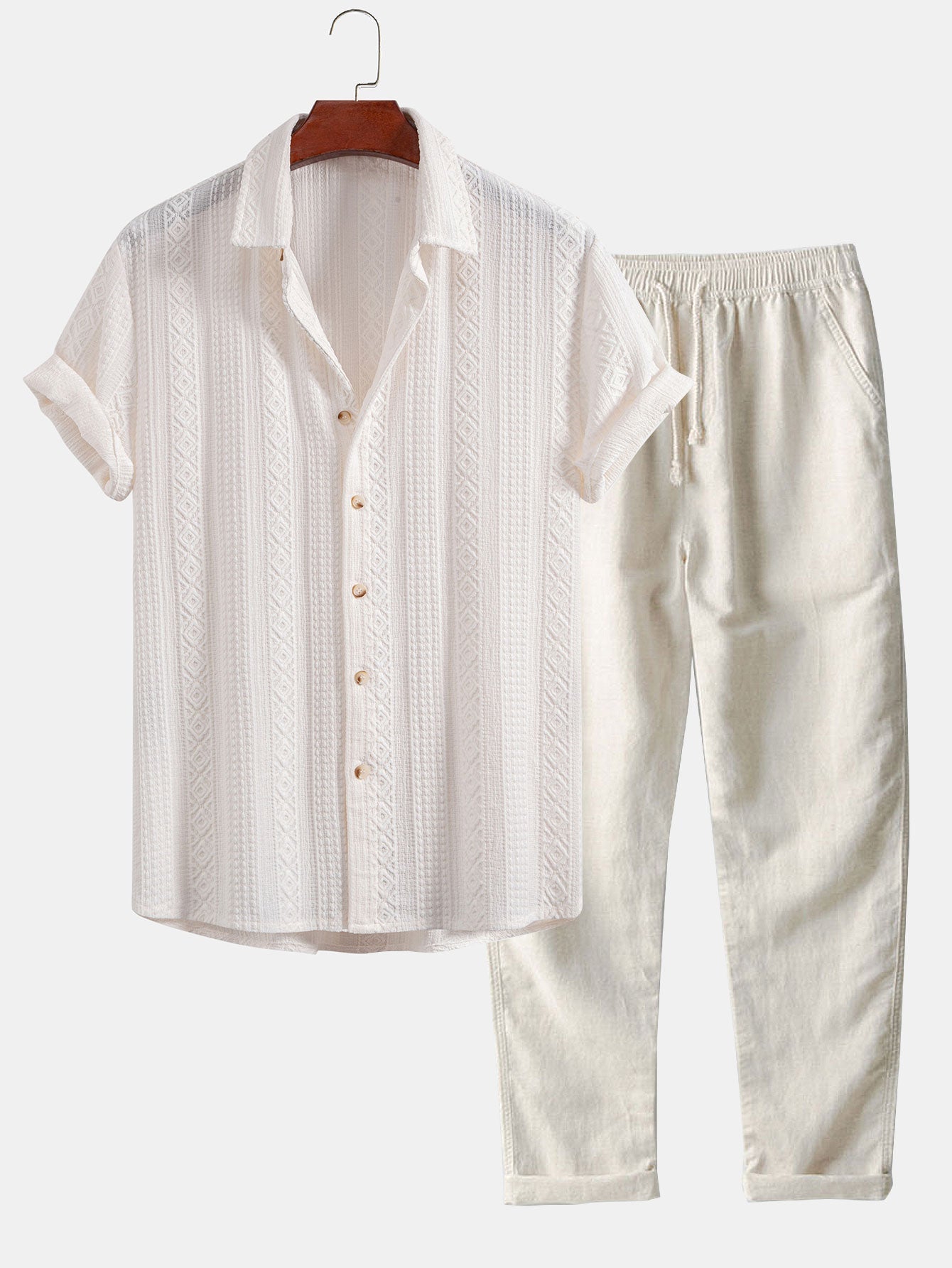 Geometric Jacquard Button-Up Shirt with Straight-Leg Linen Trousers