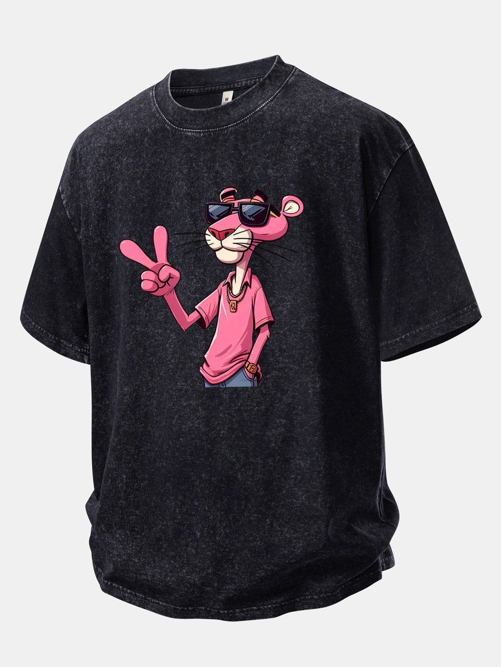 Distressed Drop Shoulder T-Shirt Featuring Pink Panther with V Sign Print