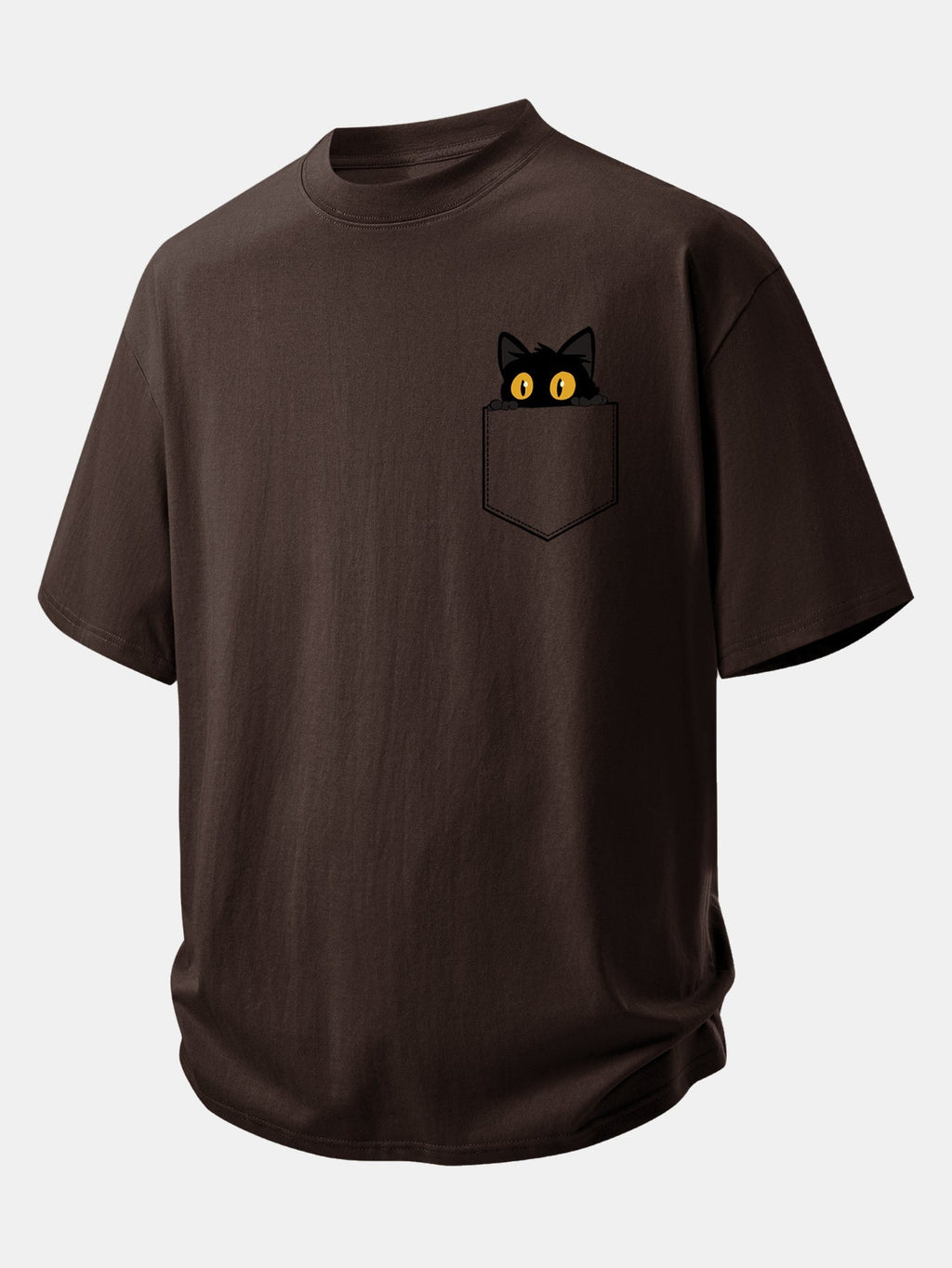Relaxed Fit Cotton T-Shirt with Black Cat Print and Pockets