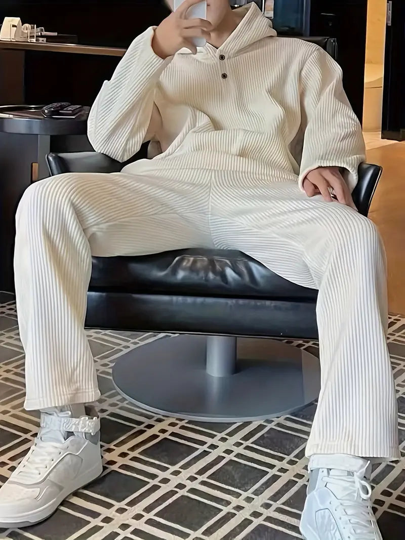 Men's Solid Corduroy Hoodie and Jogger Ensemble