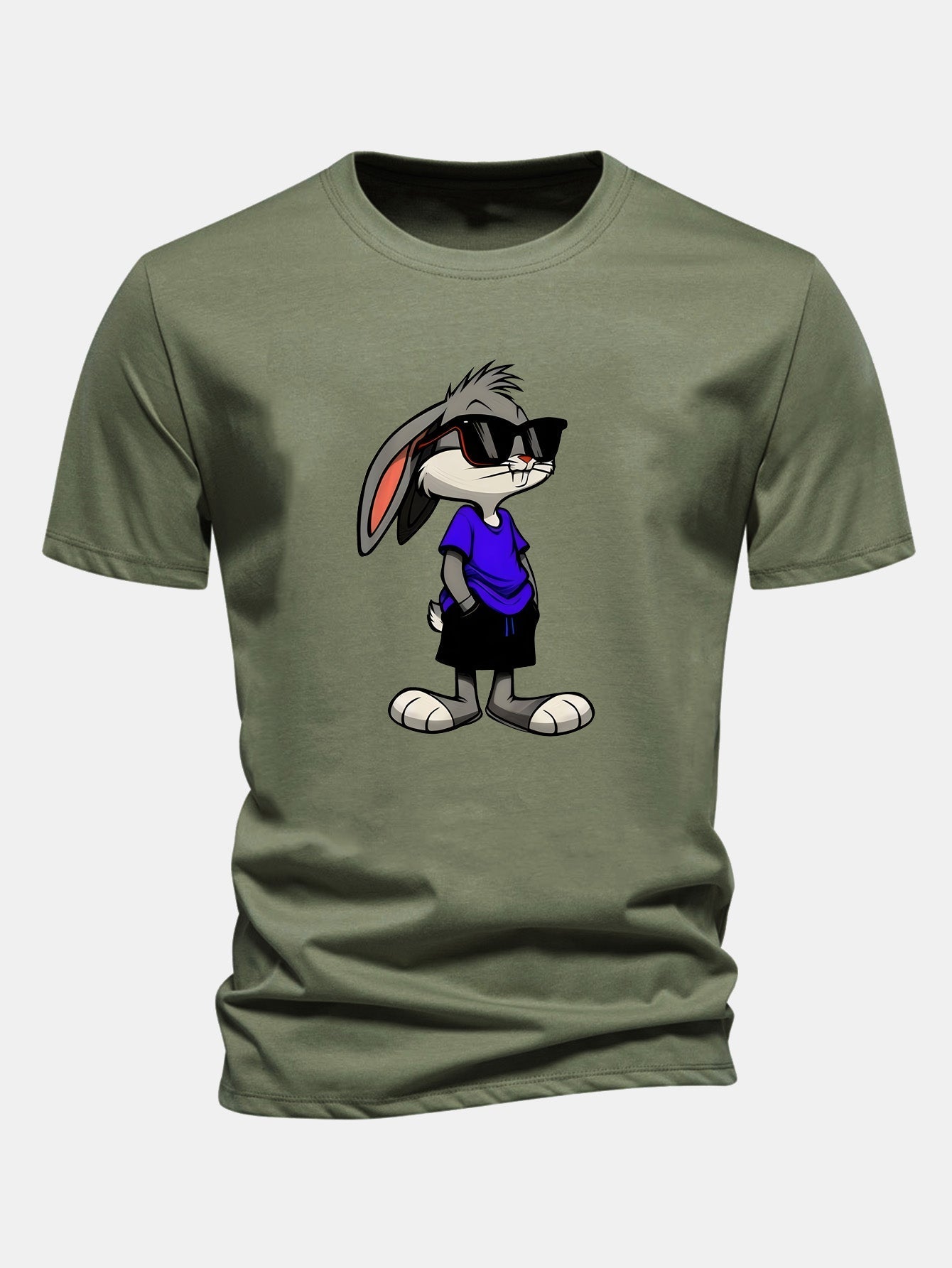 Rabbit Print Cotton T-Shirt in Regular Fit with Sunglasses Design